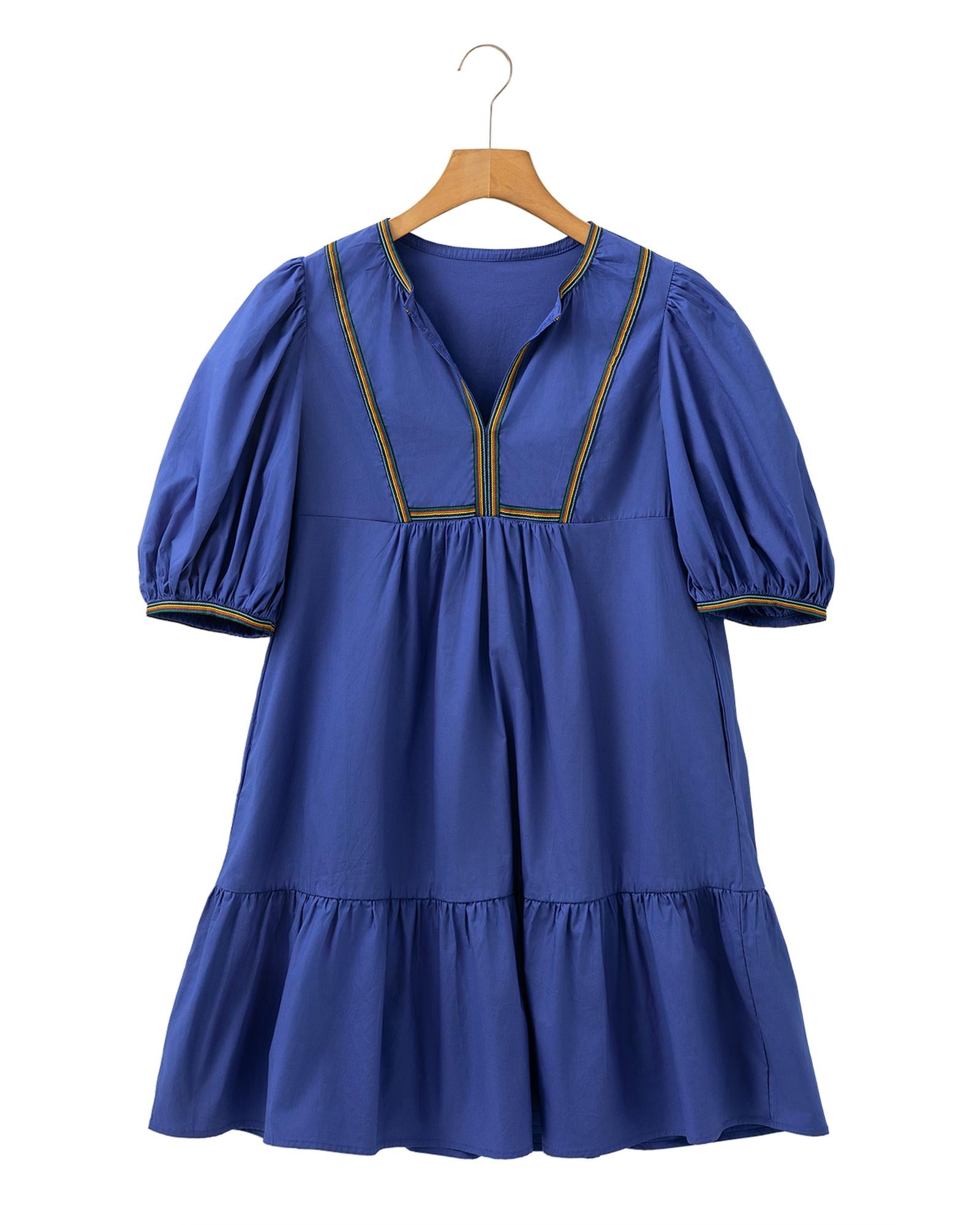 Bluing Colorful Striped Trim Puff Sleeve Pleated Mini Dress - L