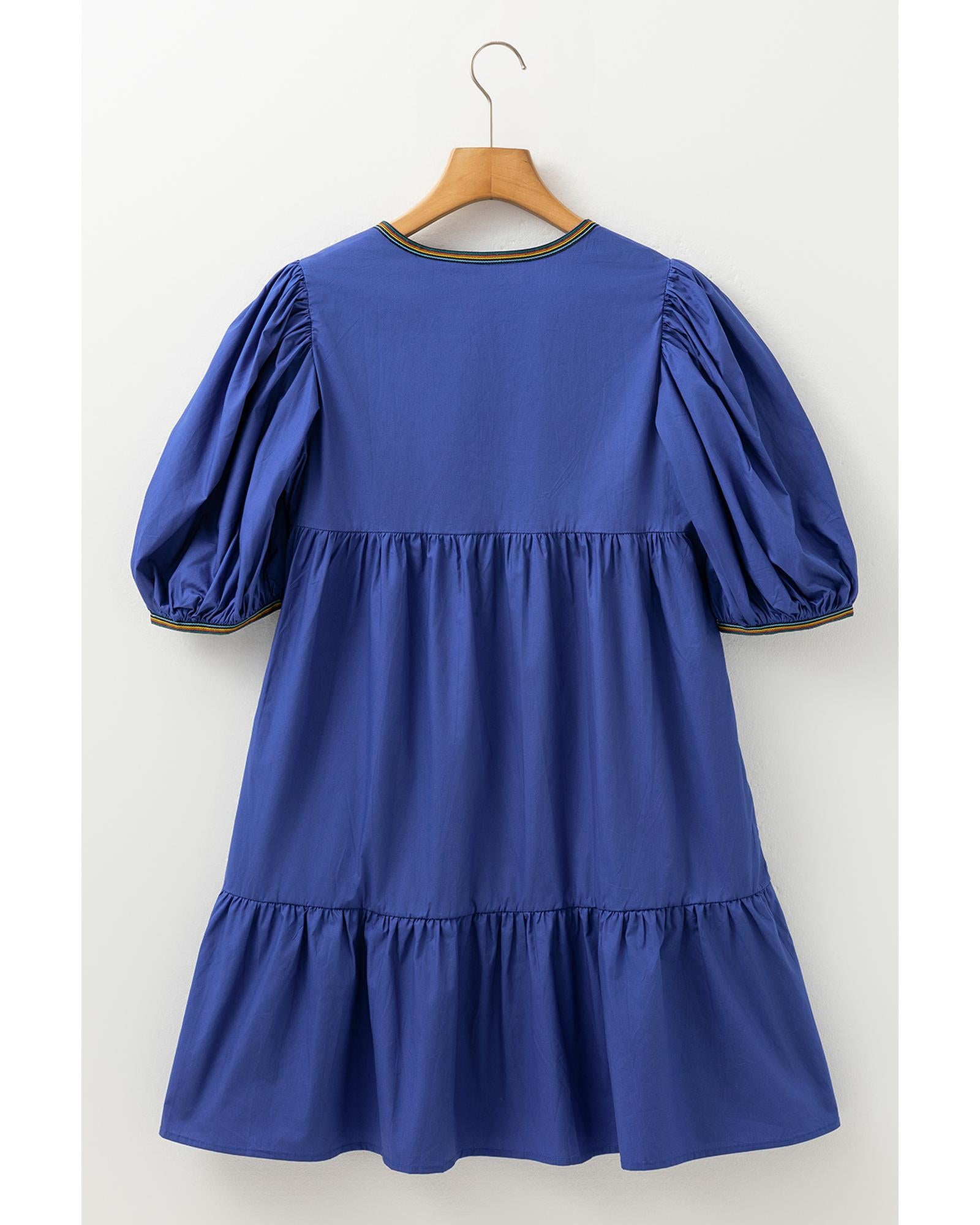 Bluing Colorful Striped Trim Puff Sleeve Pleated Mini Dress - L