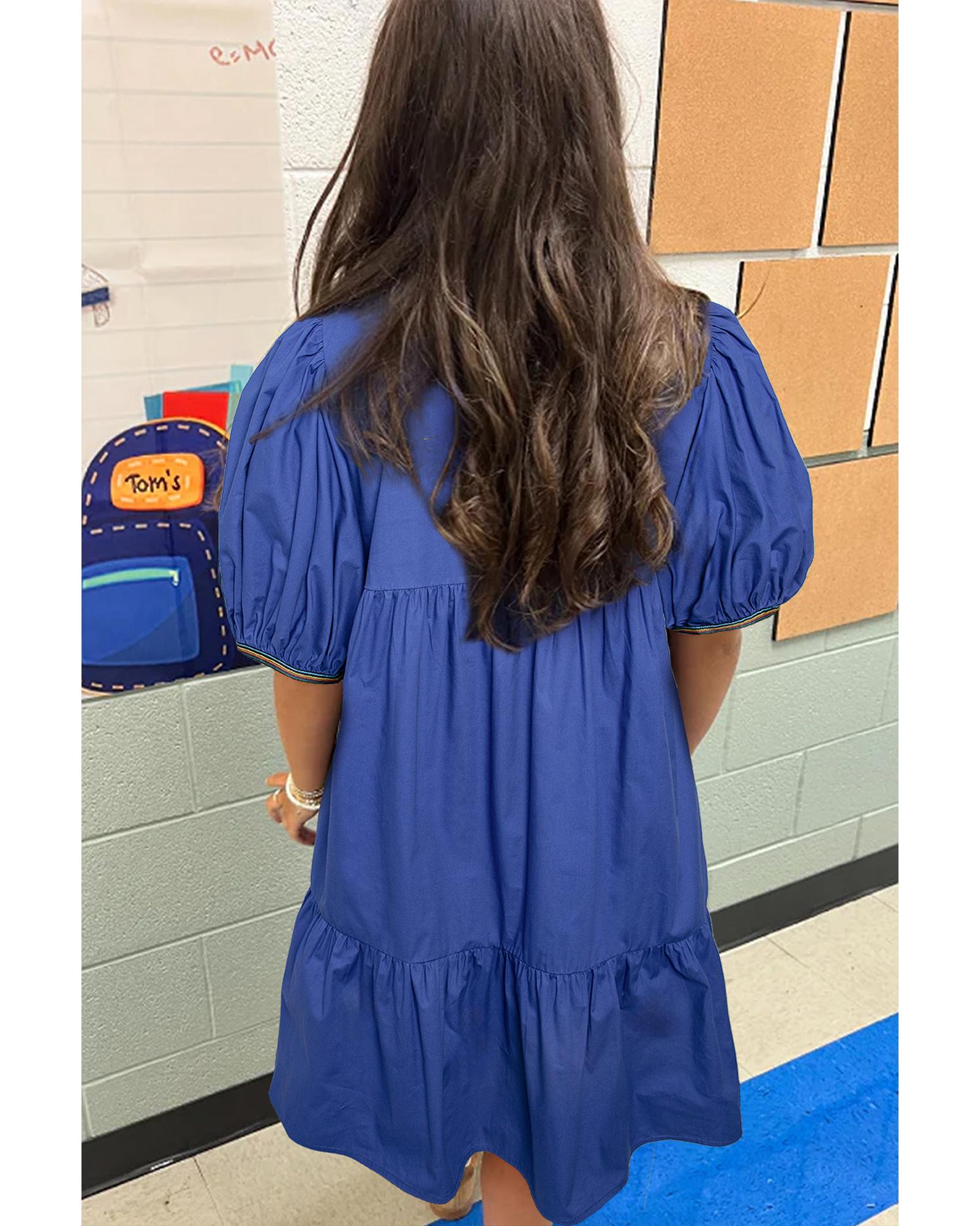 Bluing Colorful Striped Trim Puff Sleeve Pleated Mini Dress - L