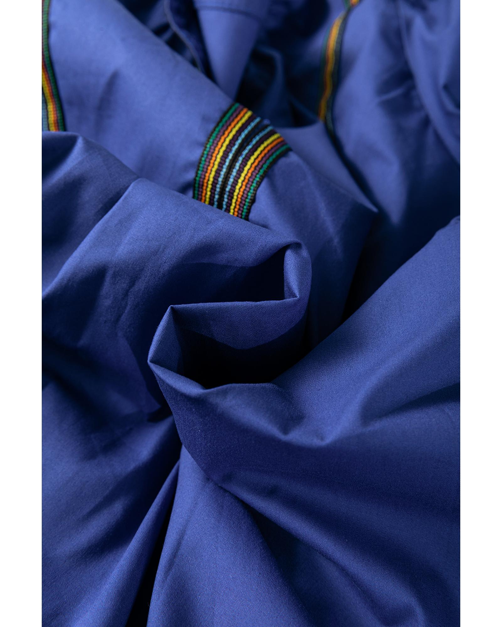 Bluing Colorful Striped Trim Puff Sleeve Pleated Mini Dress - M