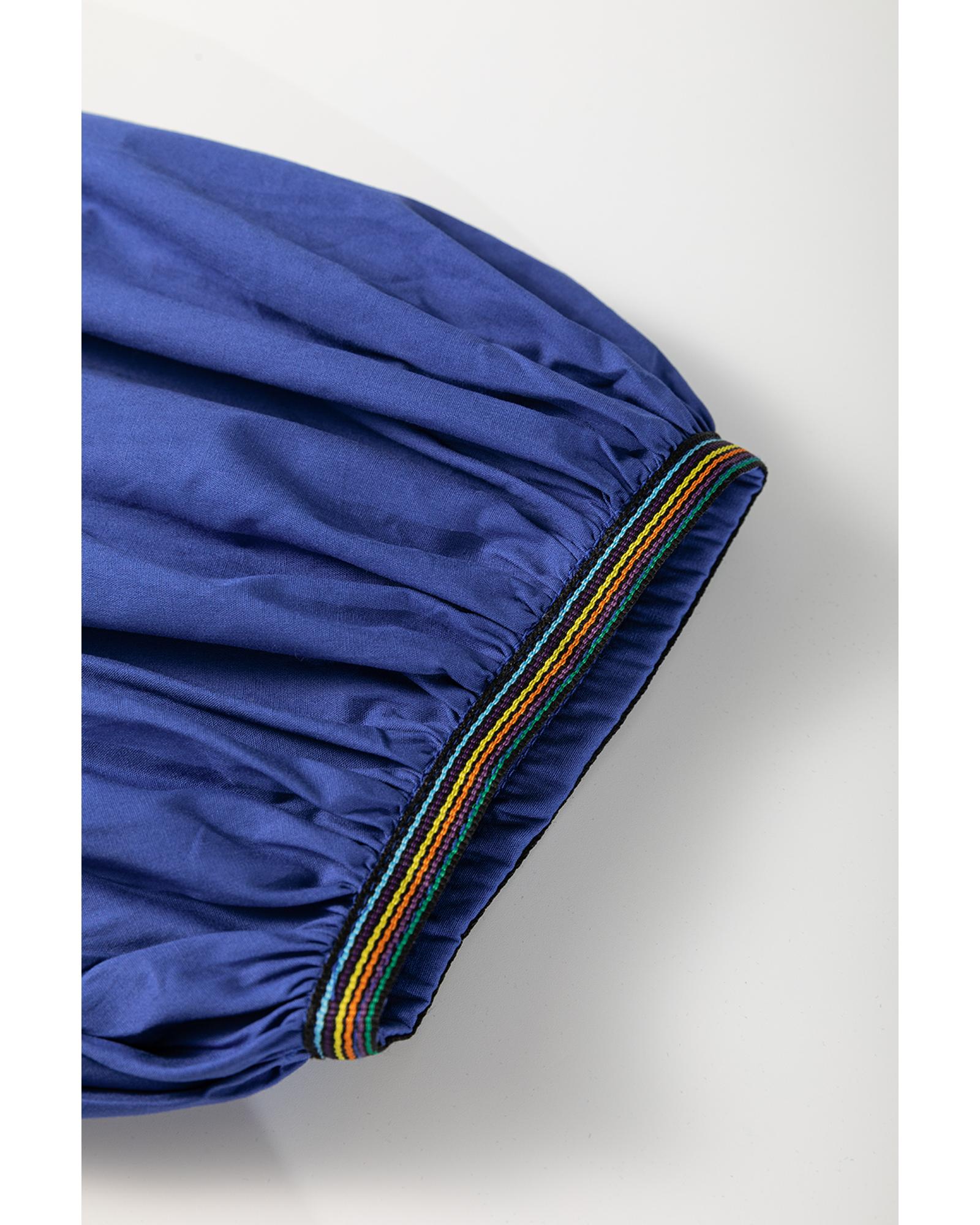 Bluing Colorful Striped Trim Puff Sleeve Pleated Mini Dress - M