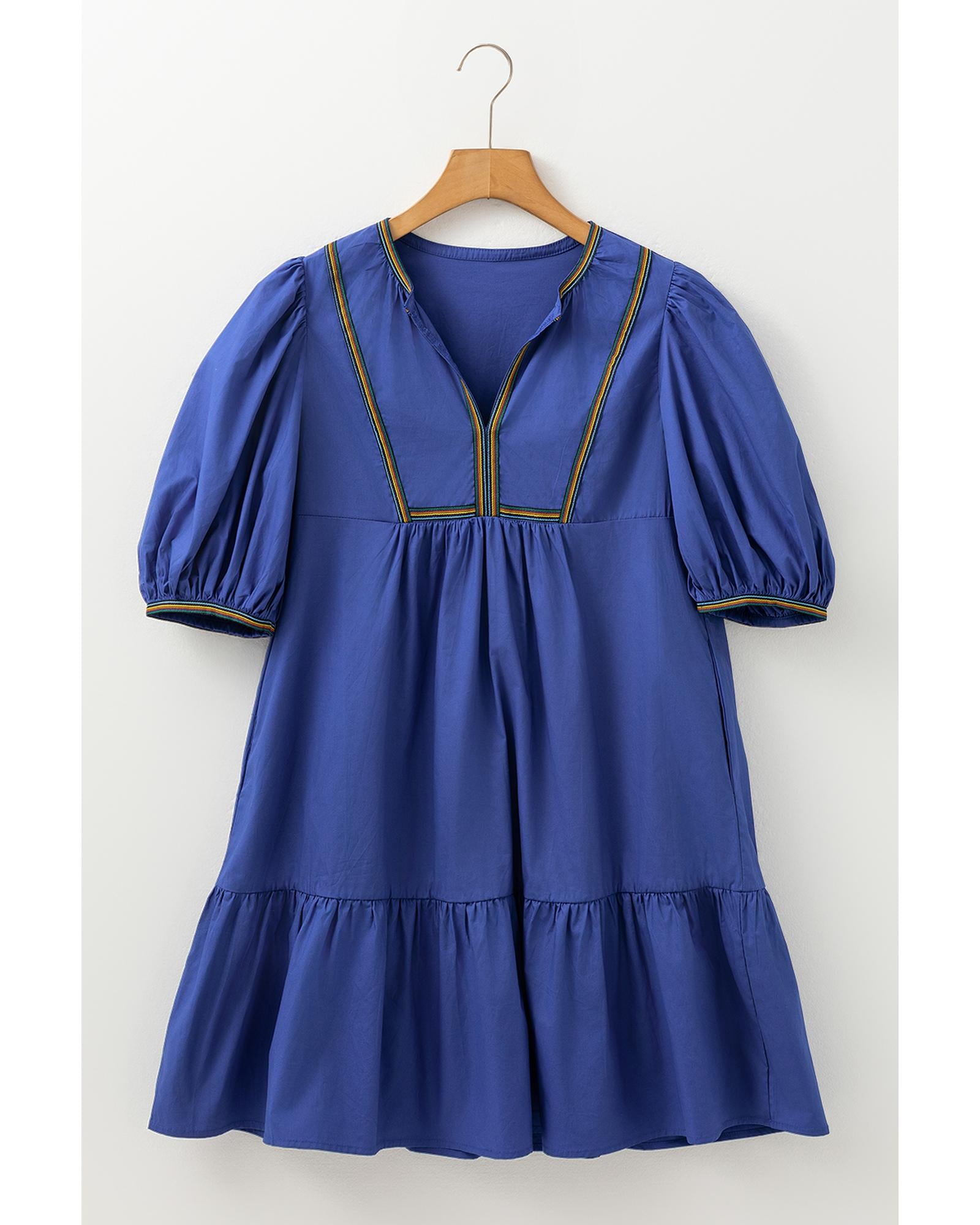 Bluing Colorful Striped Trim Puff Sleeve Pleated Mini Dress - M