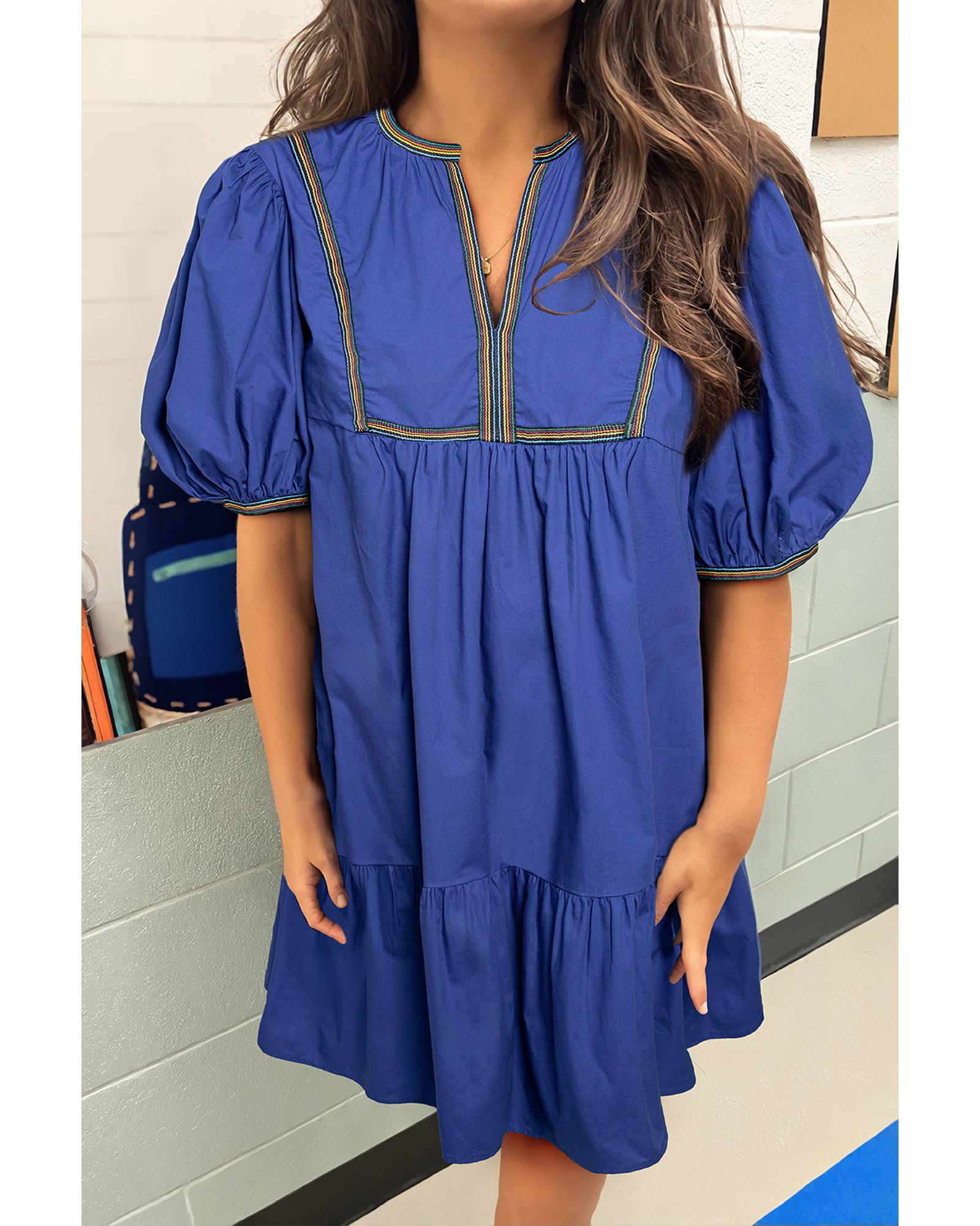 Bluing Colorful Striped Trim Puff Sleeve Pleated Mini Dress - M