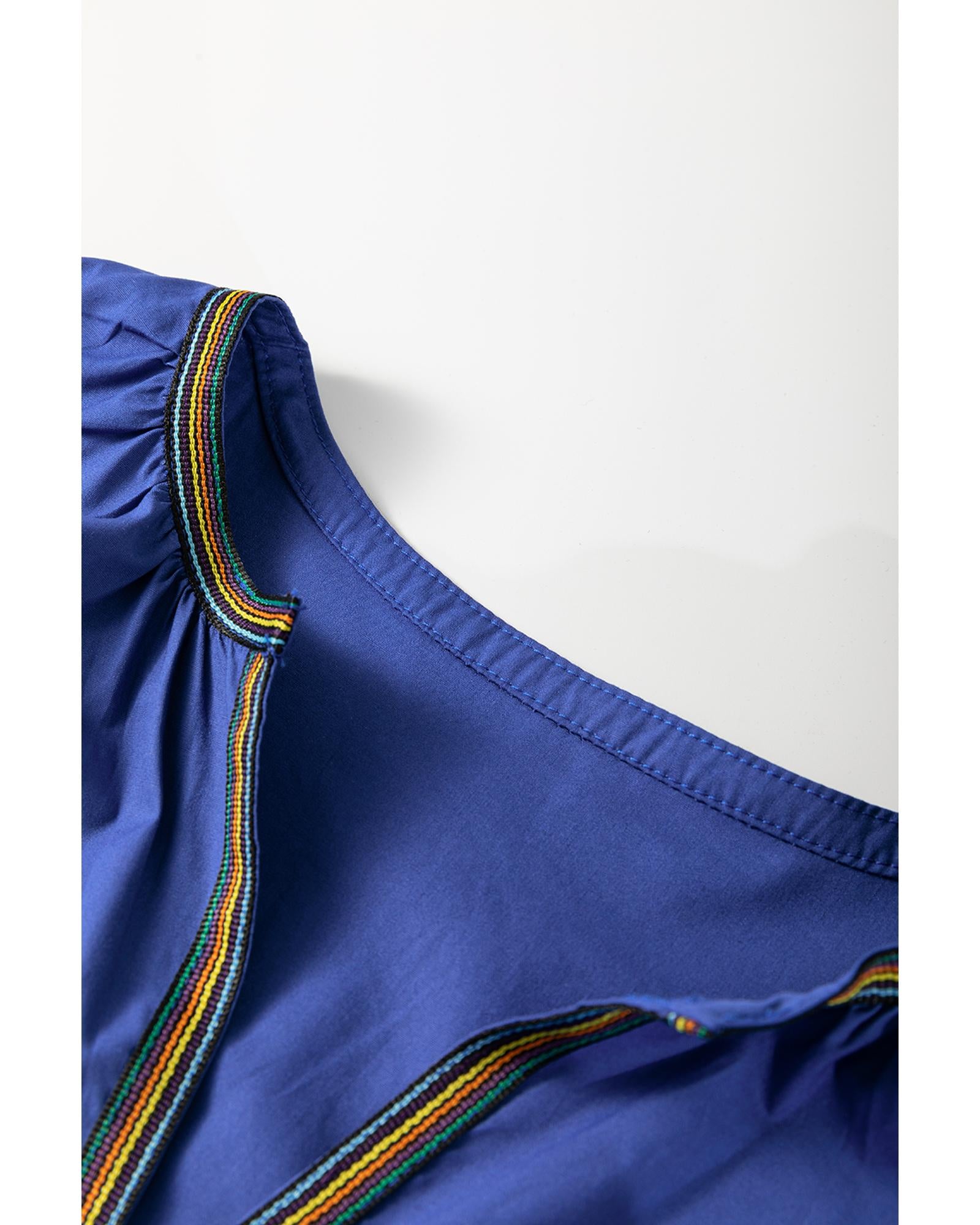 Bluing Colorful Striped Trim Puff Sleeve Pleated Mini Dress - M