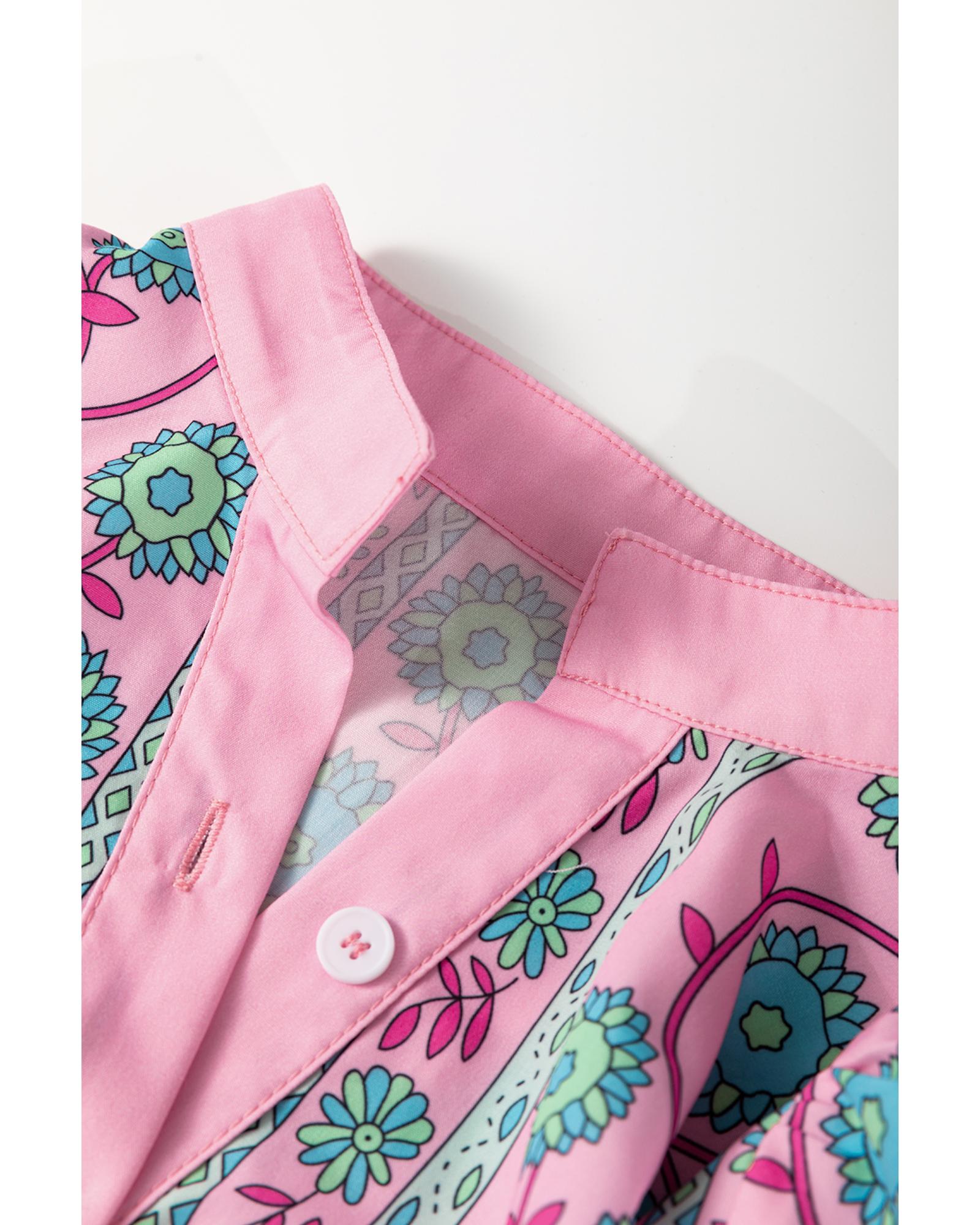 Pink Floral Shirred Puff Sleeve Buttoned Front Midi Dress with Sash - XL