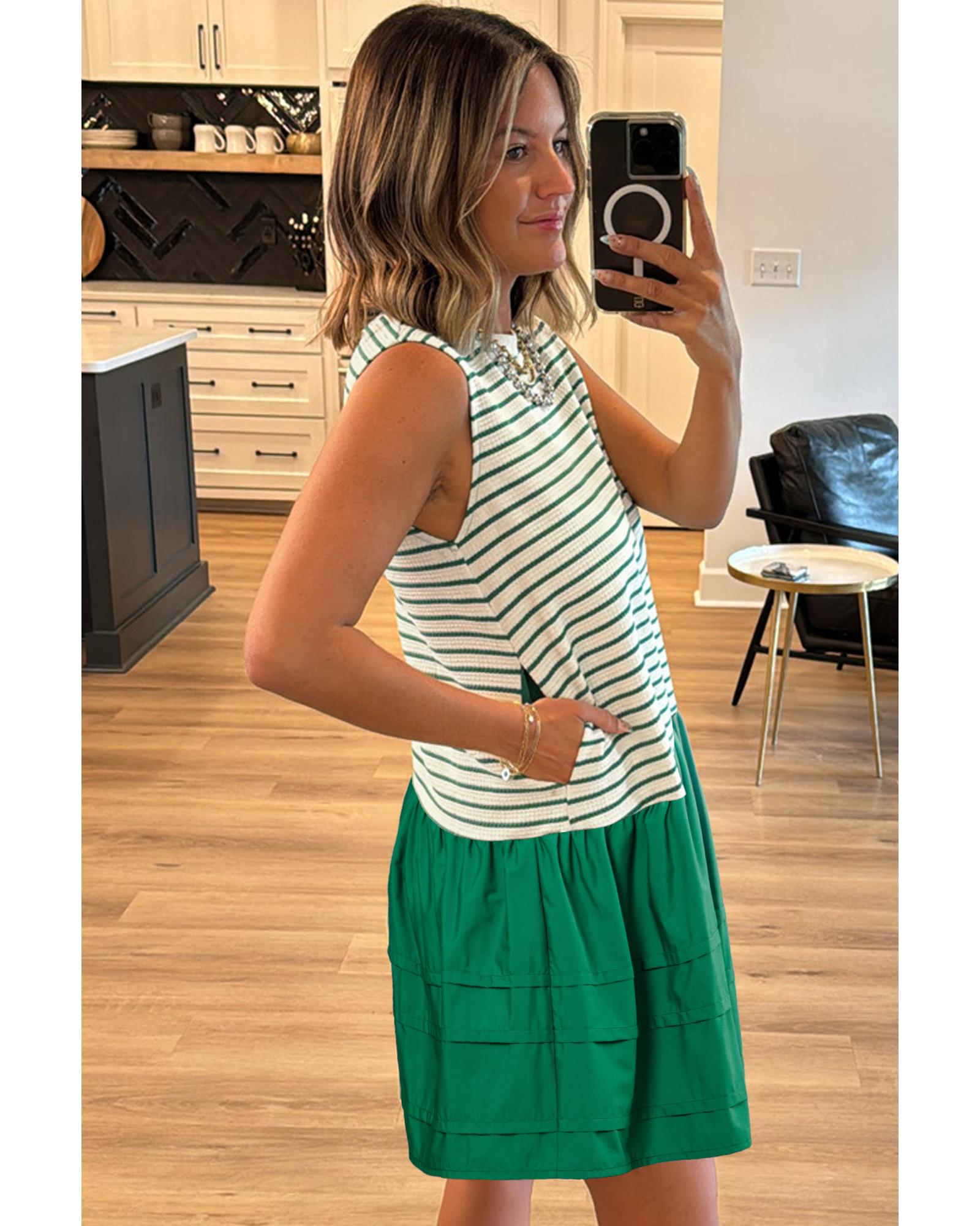 Green Stripe Woven Ruffled Sleeveless Mini Dress - L