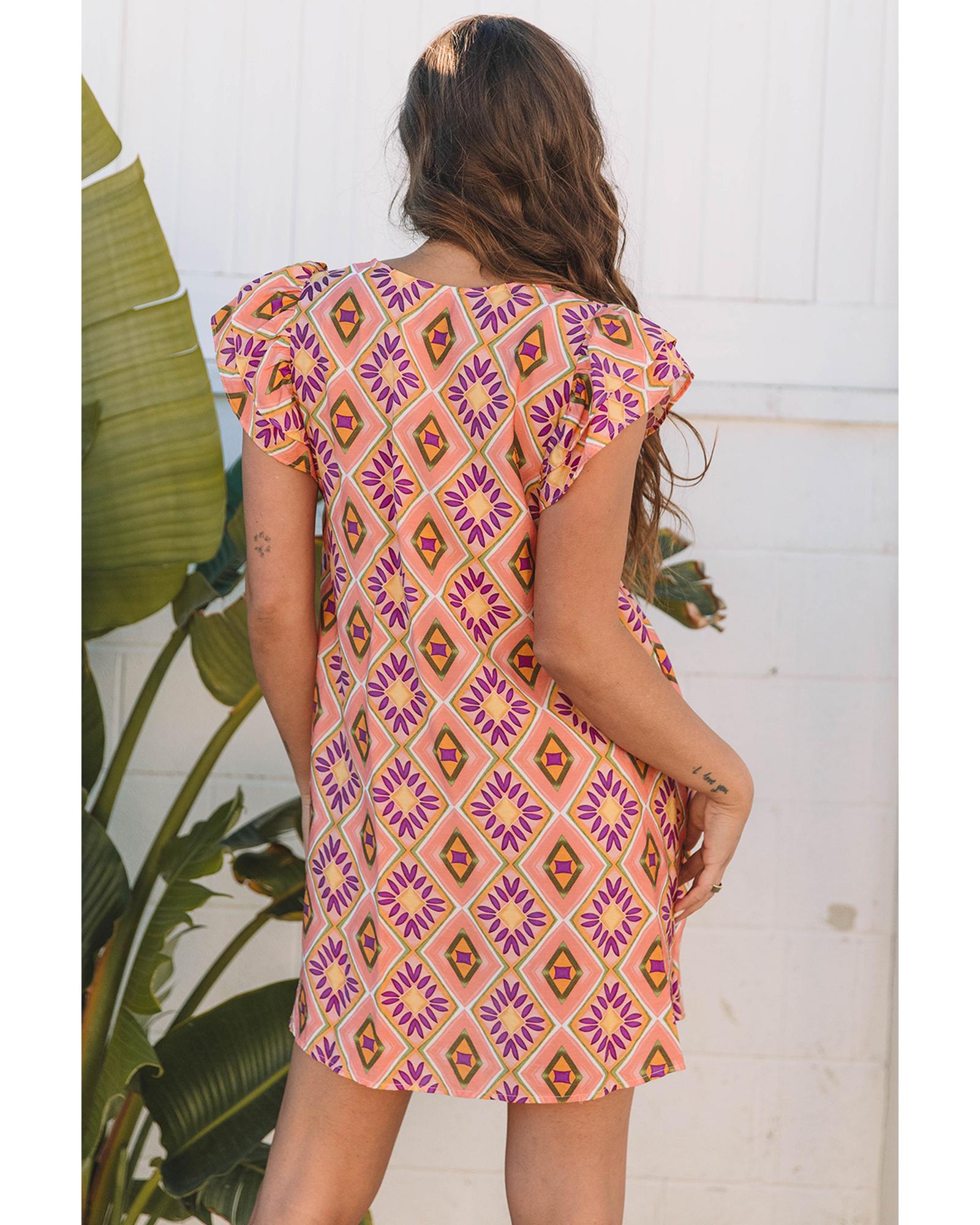 Orange Geometric Floral V Neck Buttoned Ruffled Sleeve Mini Dress - M