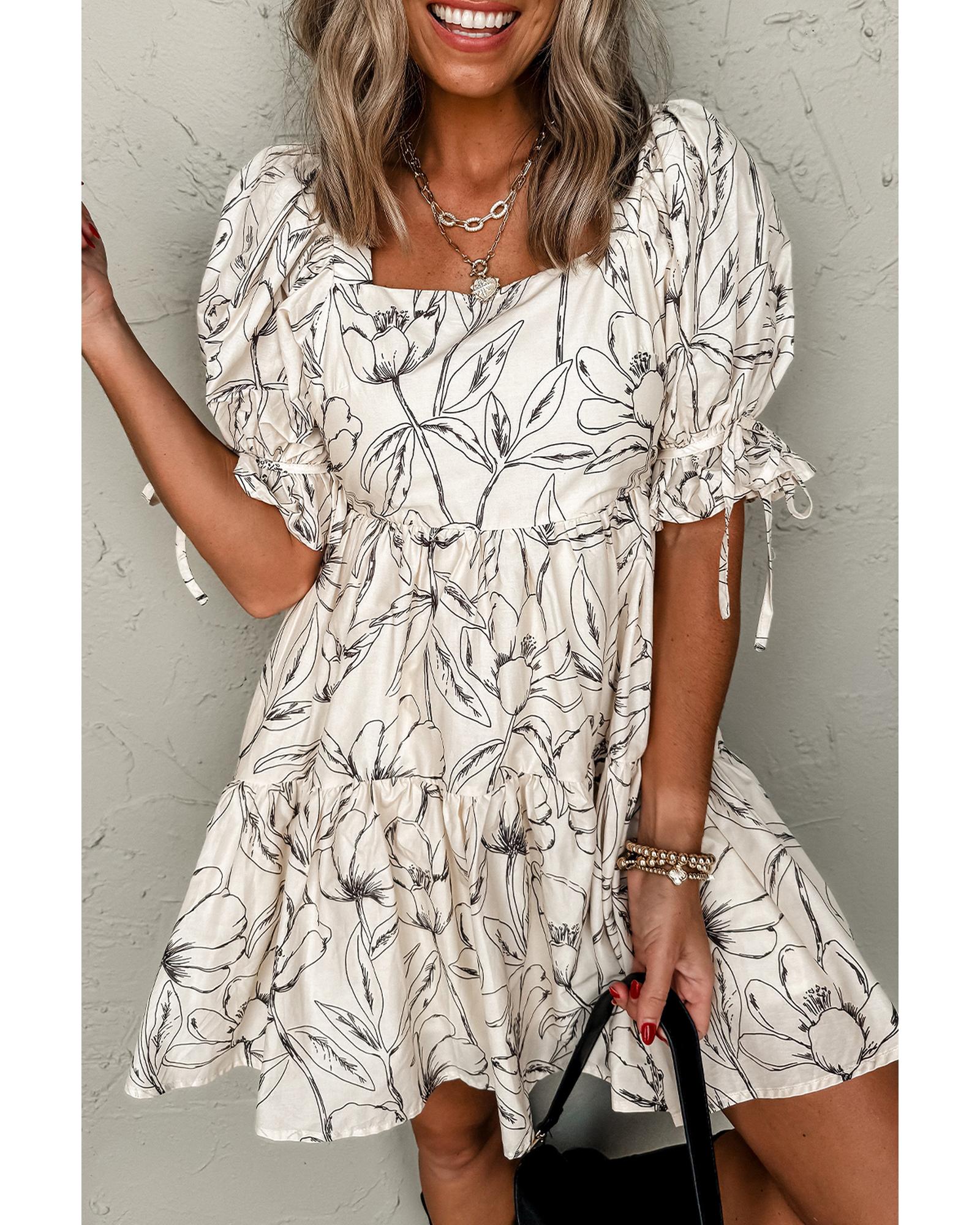 Beige Floral Print Square Neck Shirred Back Puff Sleeve Mini Dress - M