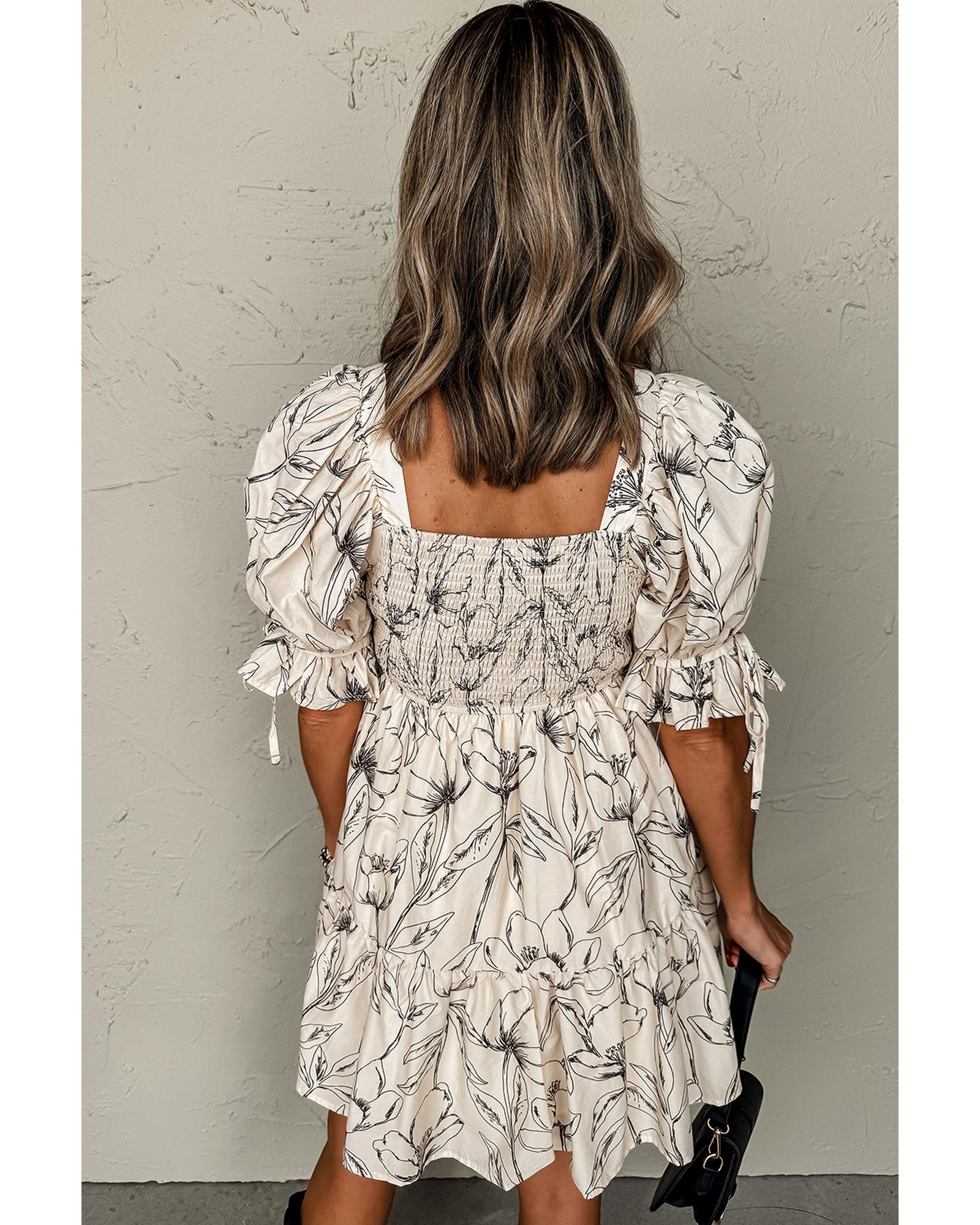 Beige Floral Print Square Neck Shirred Back Puff Sleeve Mini Dress - M