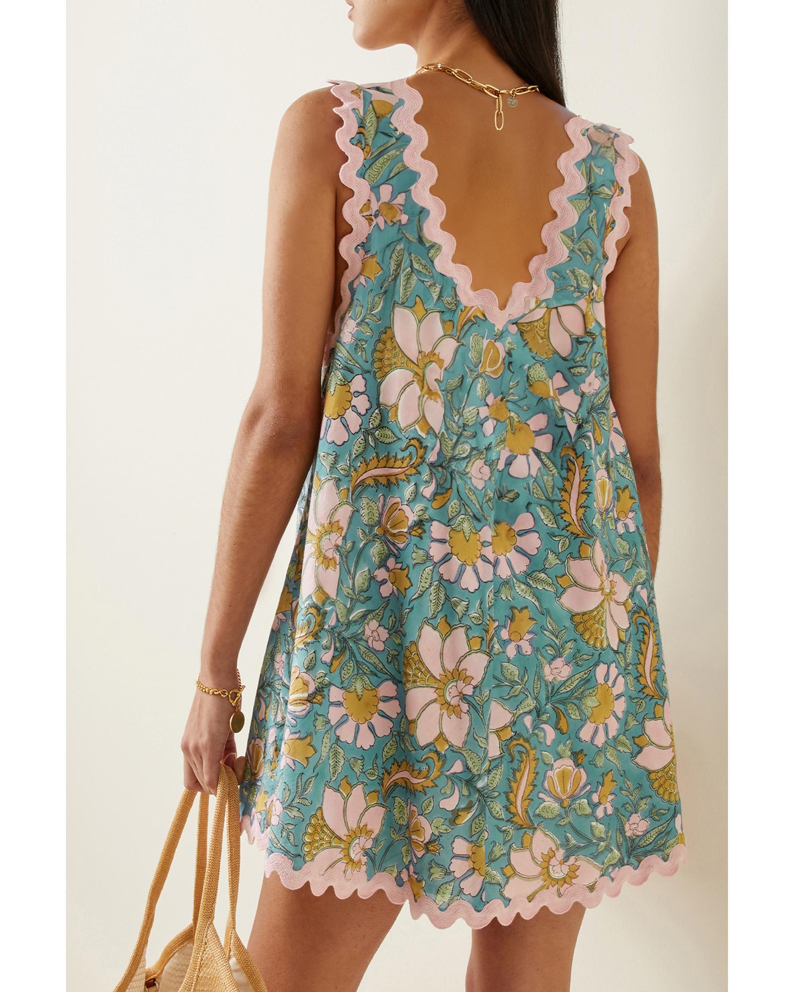 Sky Blue Floral Ricrac Trim V Neck Shift Mini Tank Dress - XL