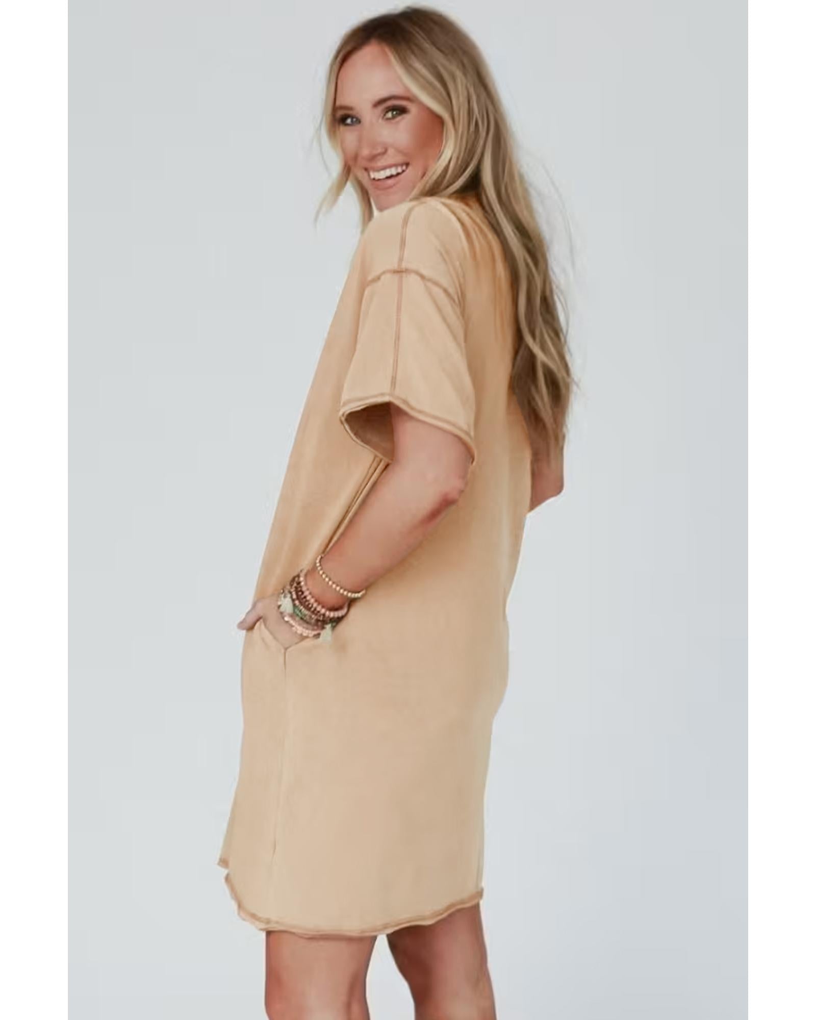 Pale Khaki Mineral Wash Stud Beaded Star Graphic Pocketed T Shirt Dress - S