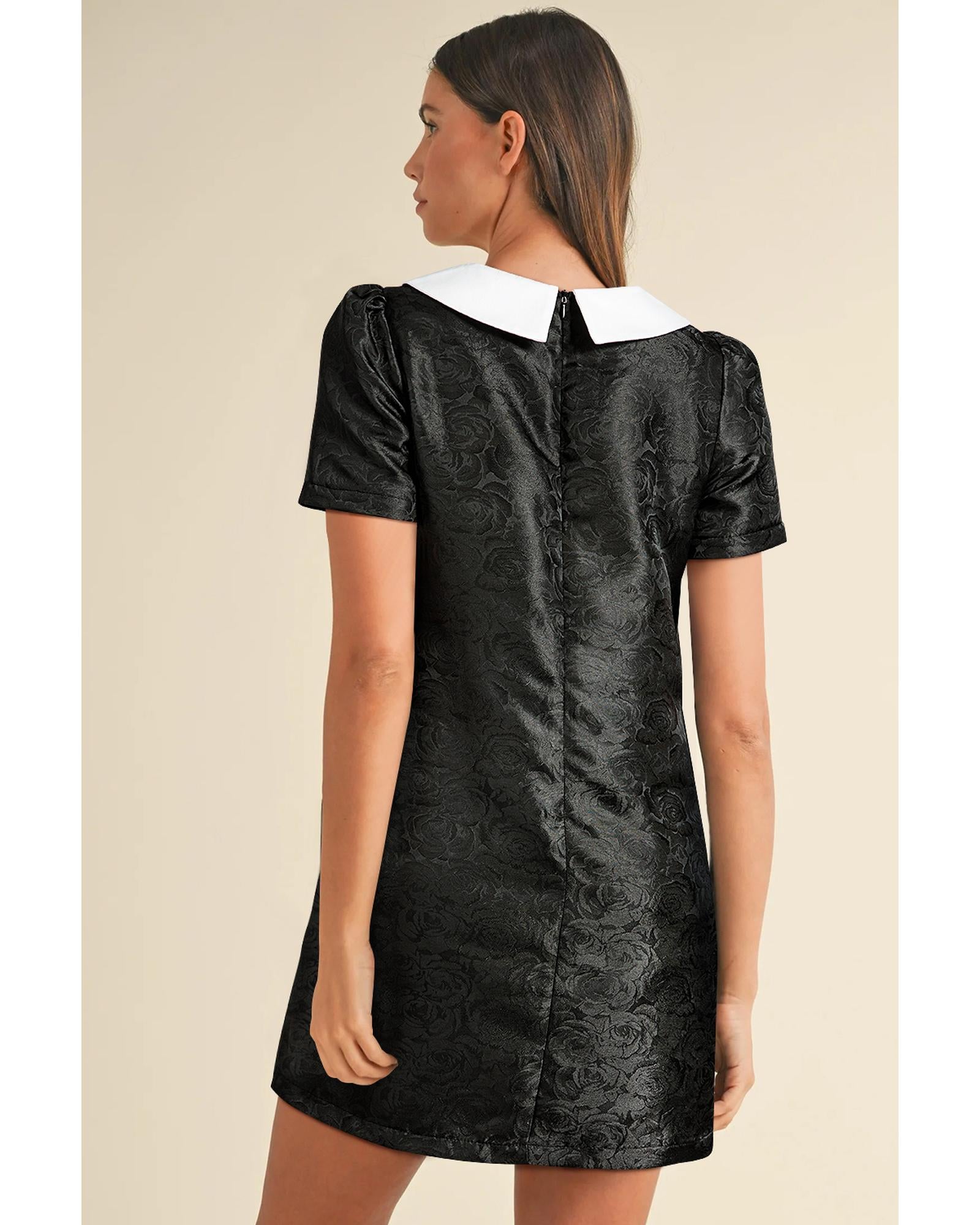 Black Floral Embossed Puff Sleeve Colorblock Bow Collared Mini Dress - M