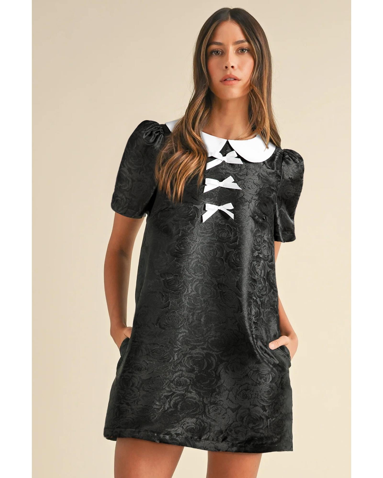 Black Floral Embossed Puff Sleeve Colorblock Bow Collared Mini Dress - M