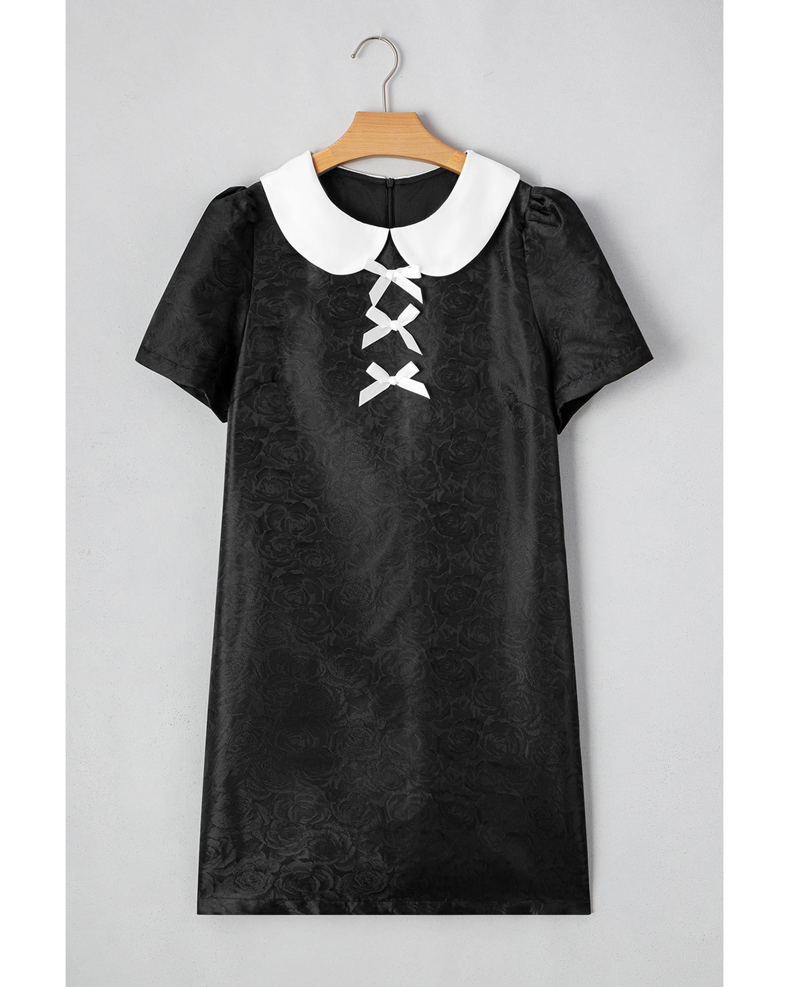 Black Floral Embossed Puff Sleeve Colorblock Bow Collared Mini Dress - M
