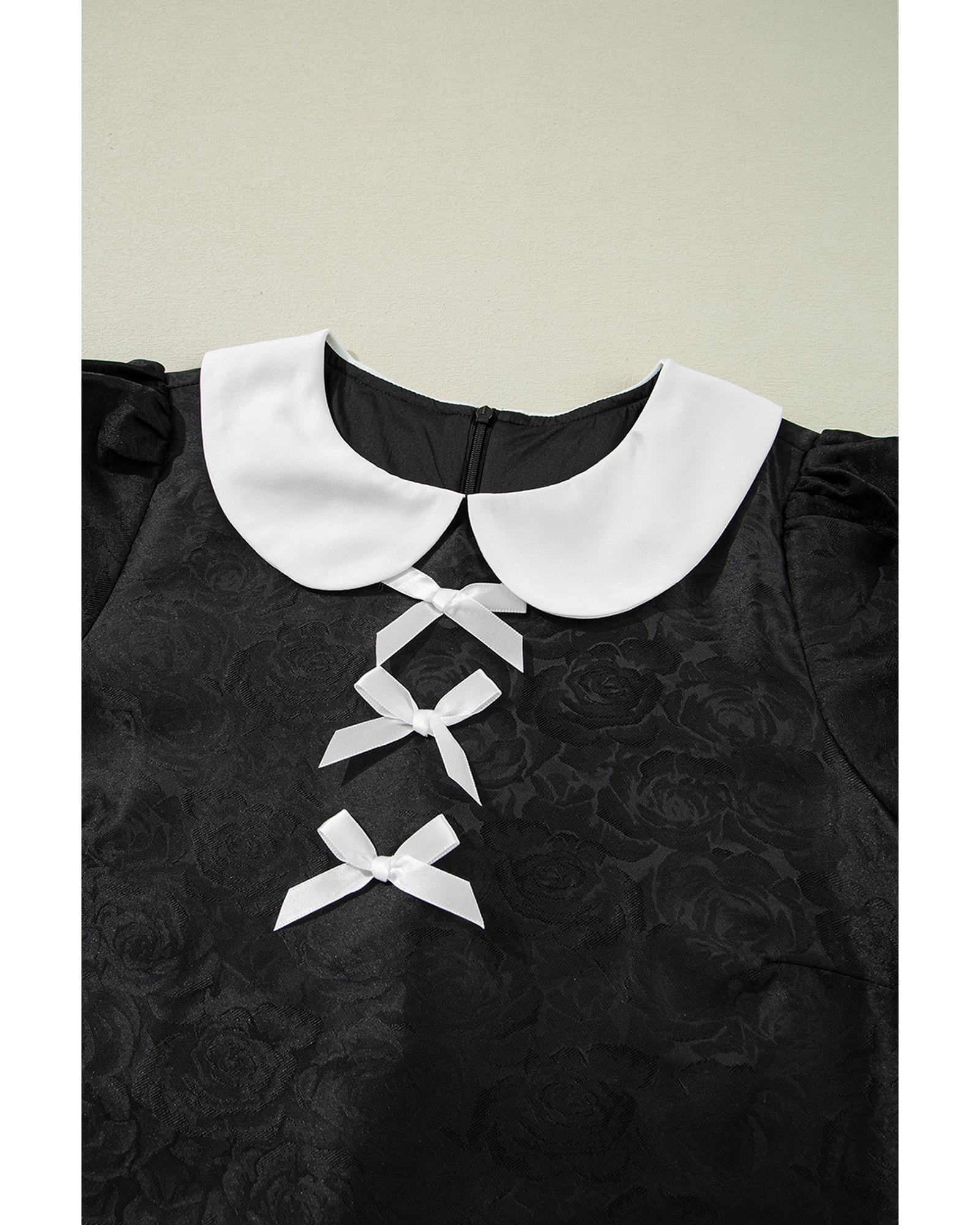 Black Floral Embossed Puff Sleeve Colorblock Bow Collared Mini Dress - M