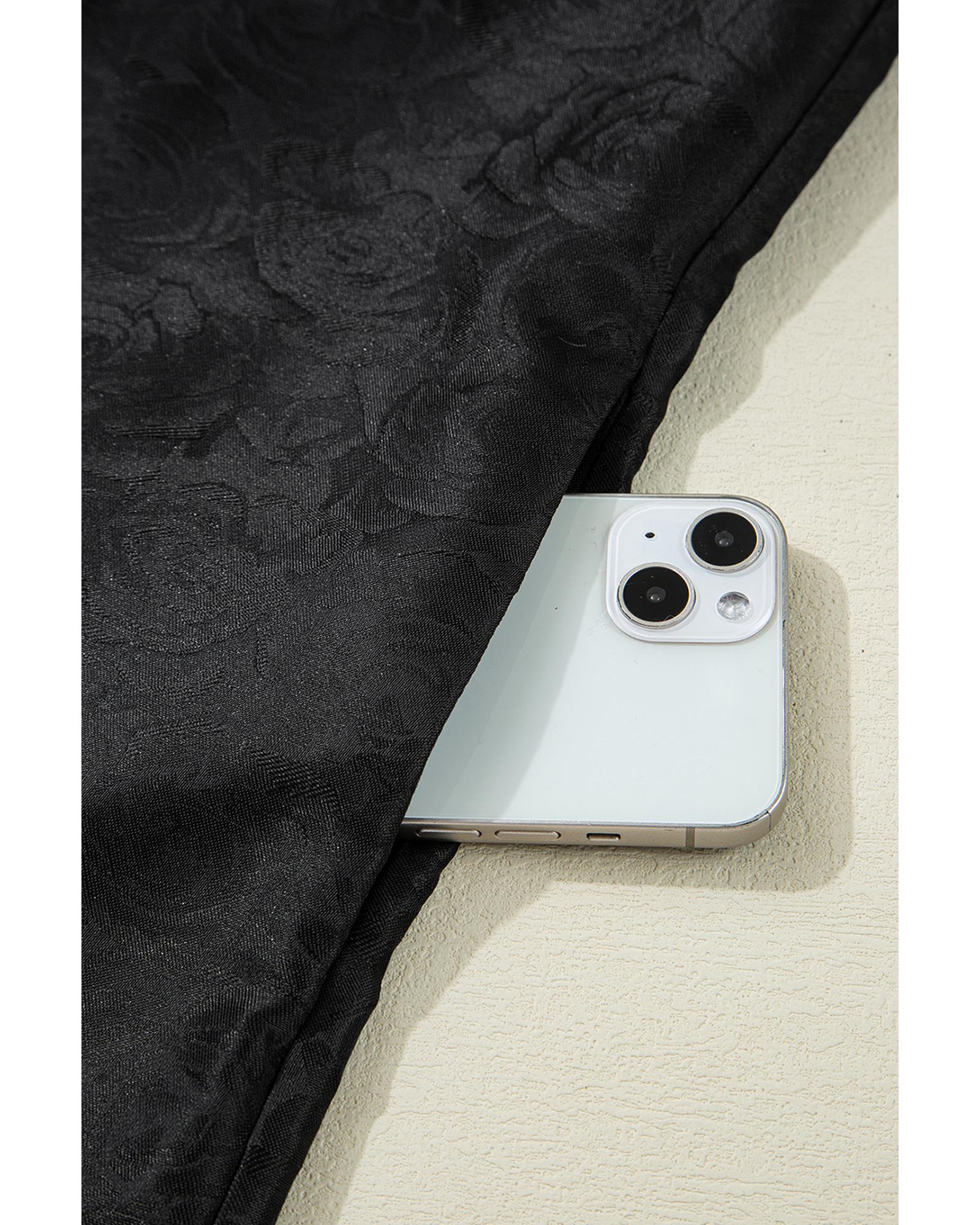 Black Floral Embossed Puff Sleeve Colorblock Bow Collared Mini Dress - M