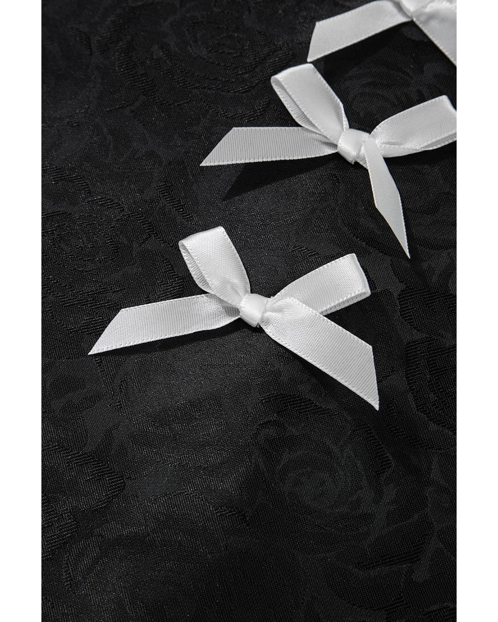 Black Floral Embossed Puff Sleeve Colorblock Bow Collared Mini Dress - S