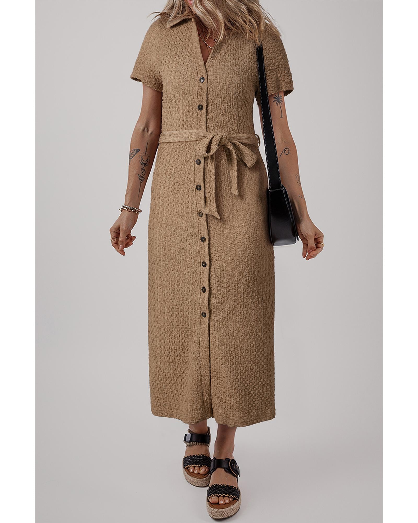 Buckskin Short Sleeve Textured Button Up Tie Waist Long Dress - L
