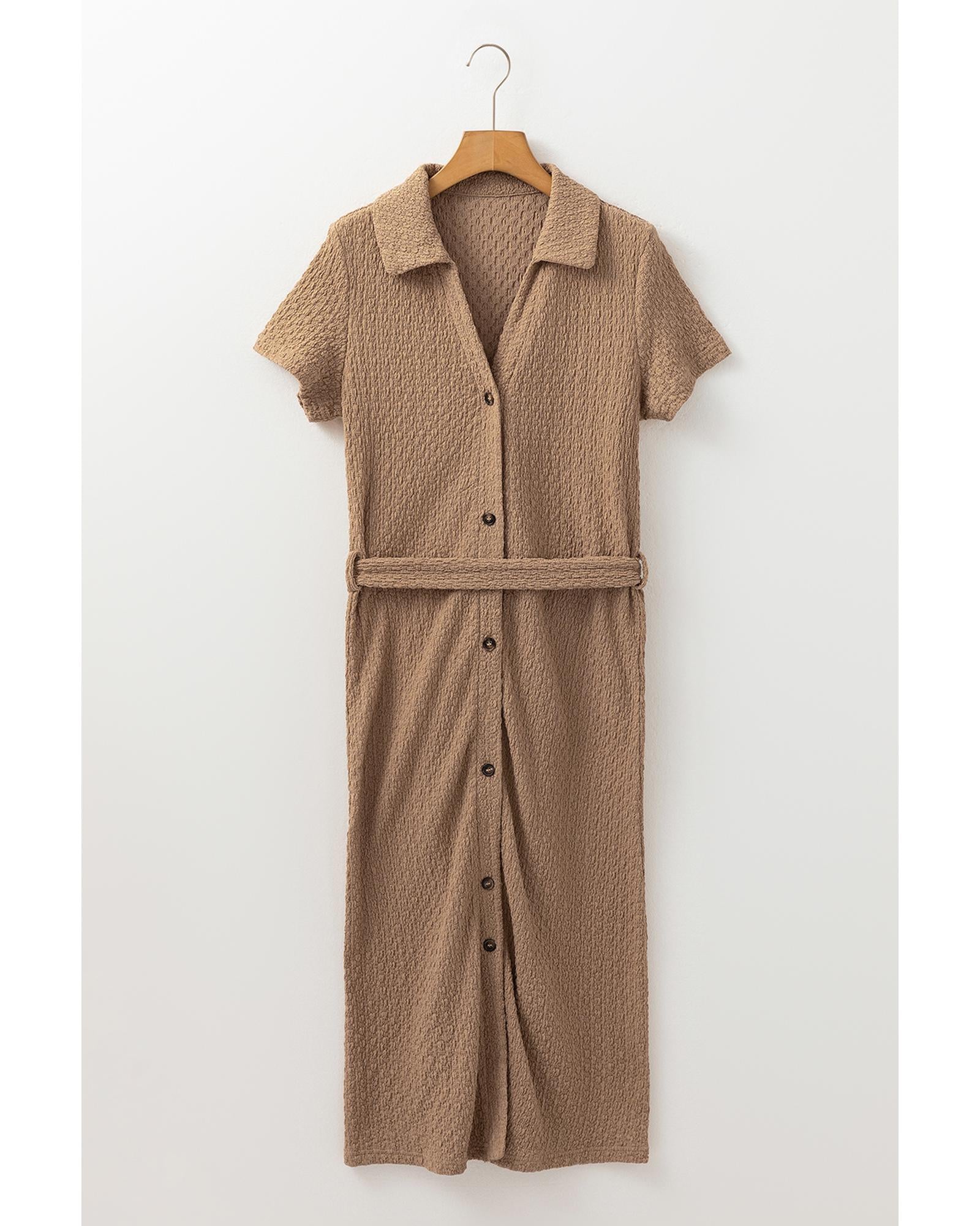 Buckskin Short Sleeve Textured Button Up Tie Waist Long Dress - XL