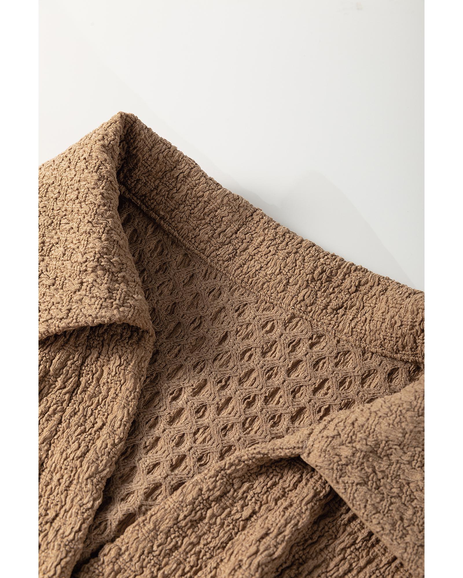 Buckskin Short Sleeve Textured Button Up Tie Waist Long Dress - XL