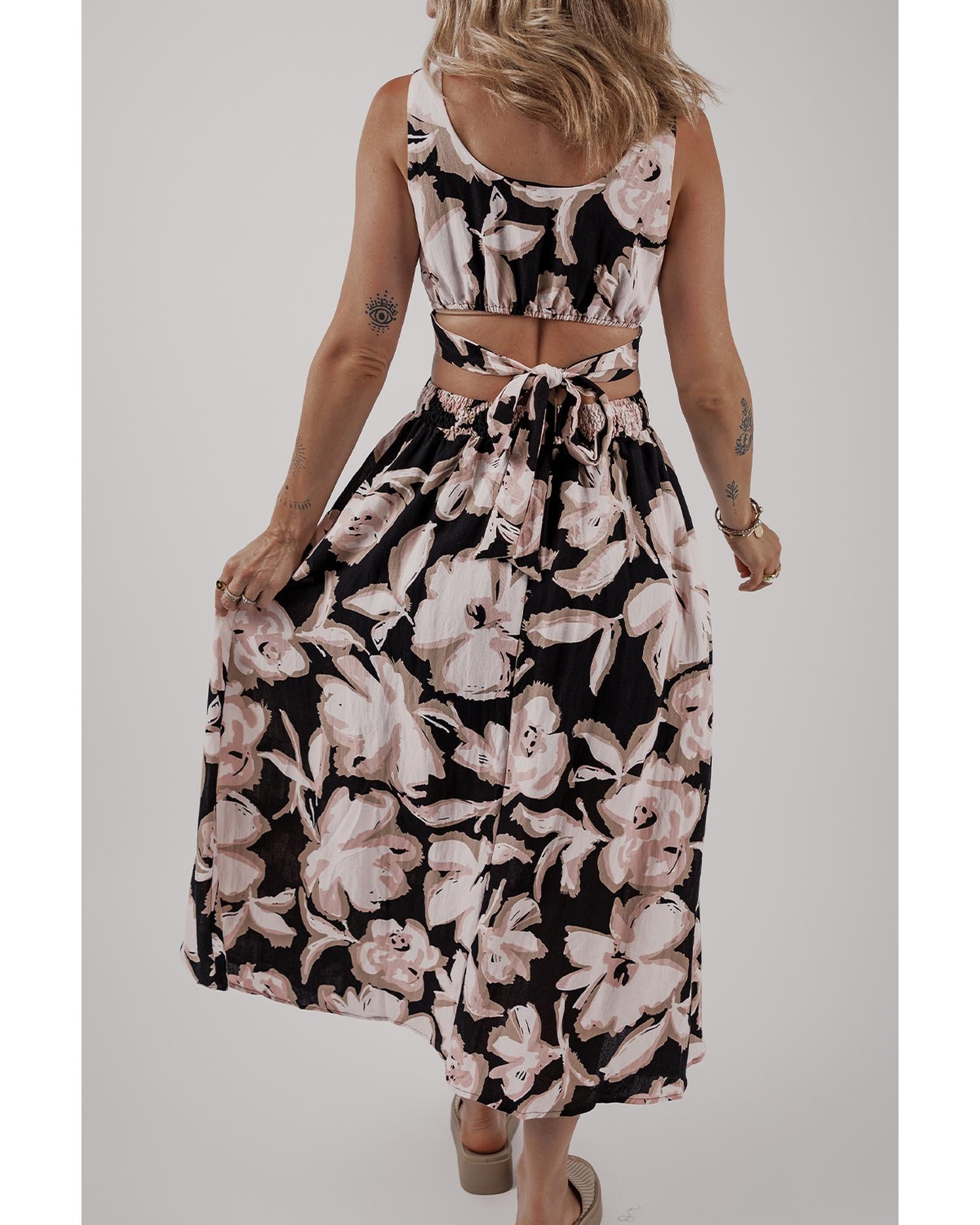 Black Floral Cutout Square Neck Knot Back Sleeveless Maxi Dress - M