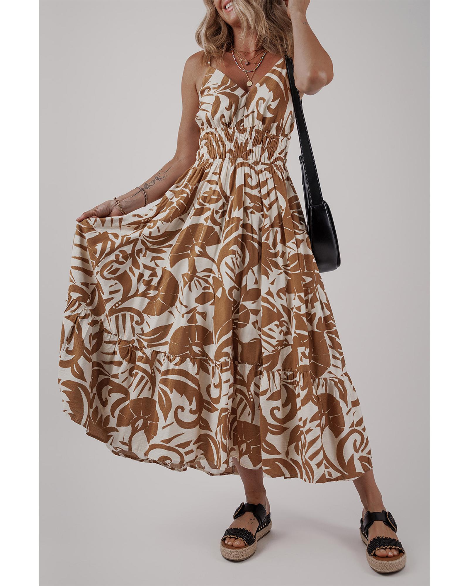 Khaki Floral Shirred High Waist Spaghetti Straps Maxi Dress - L