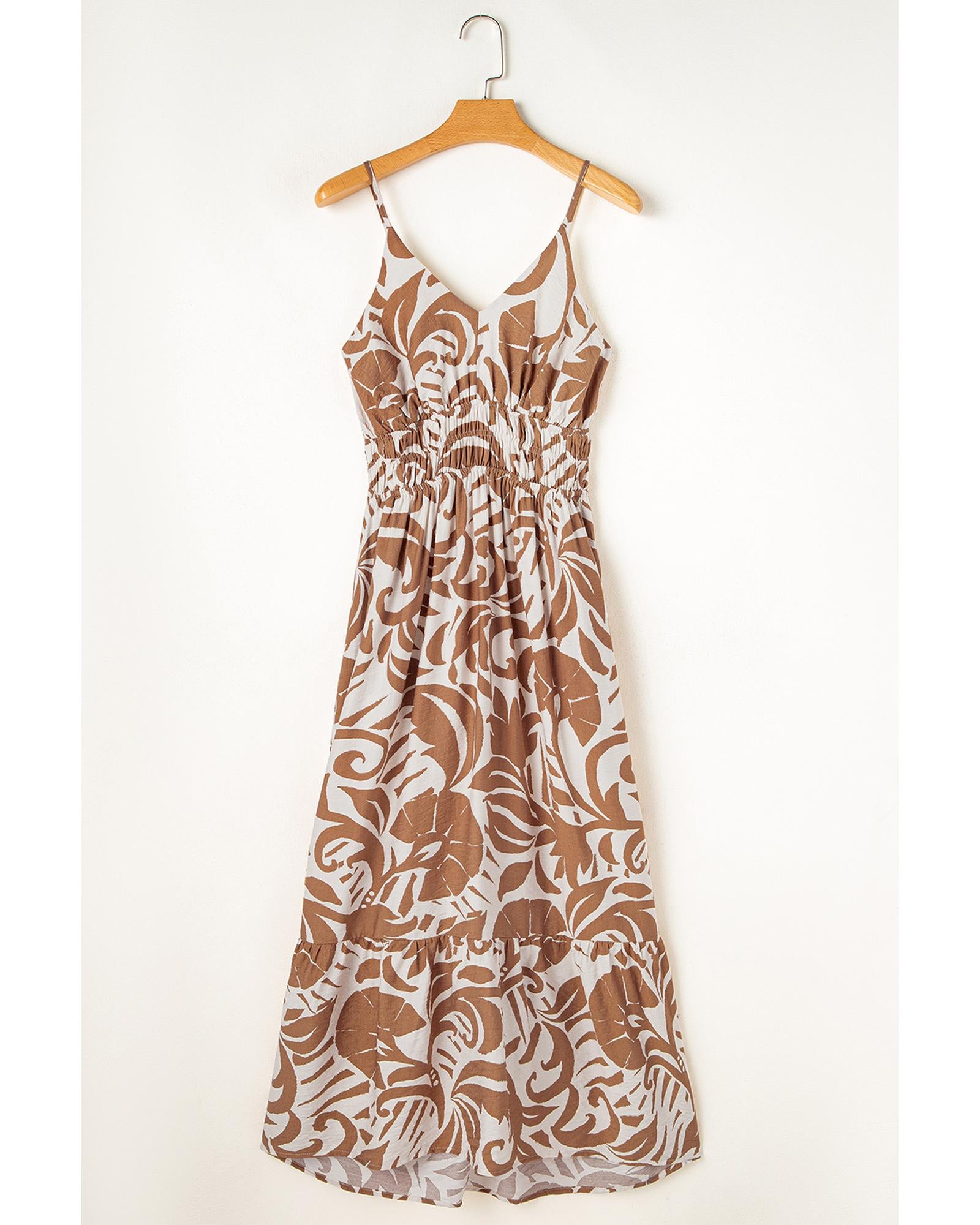 Khaki Floral Shirred High Waist Spaghetti Straps Maxi Dress - L