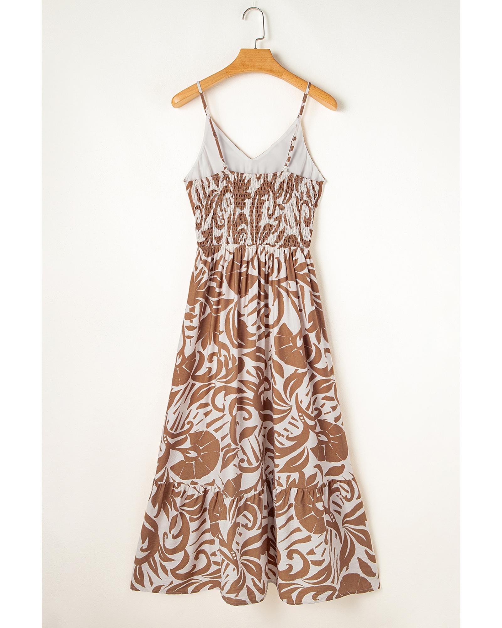 Khaki Floral Shirred High Waist Spaghetti Straps Maxi Dress - L