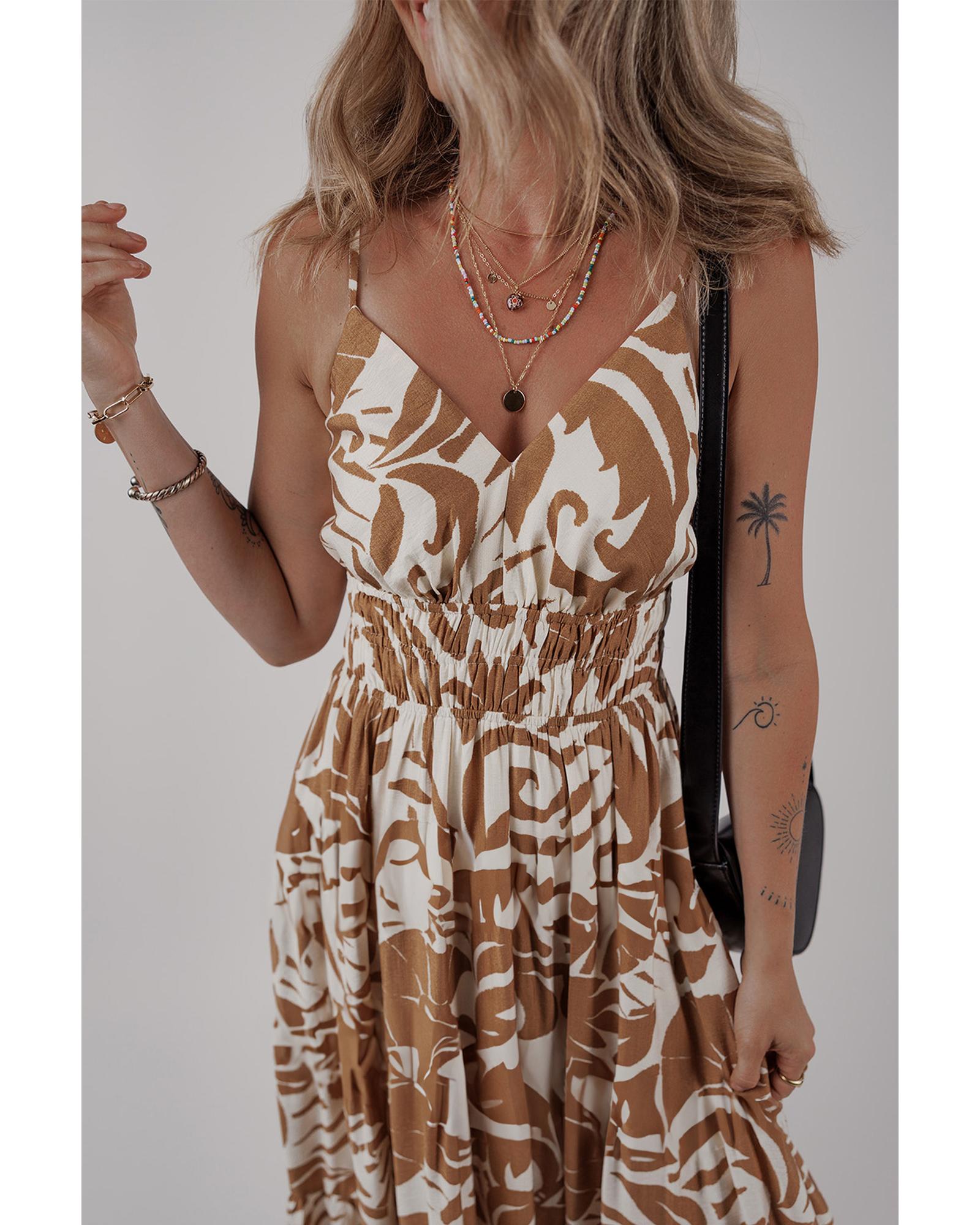 Khaki Floral Shirred High Waist Spaghetti Straps Maxi Dress - S