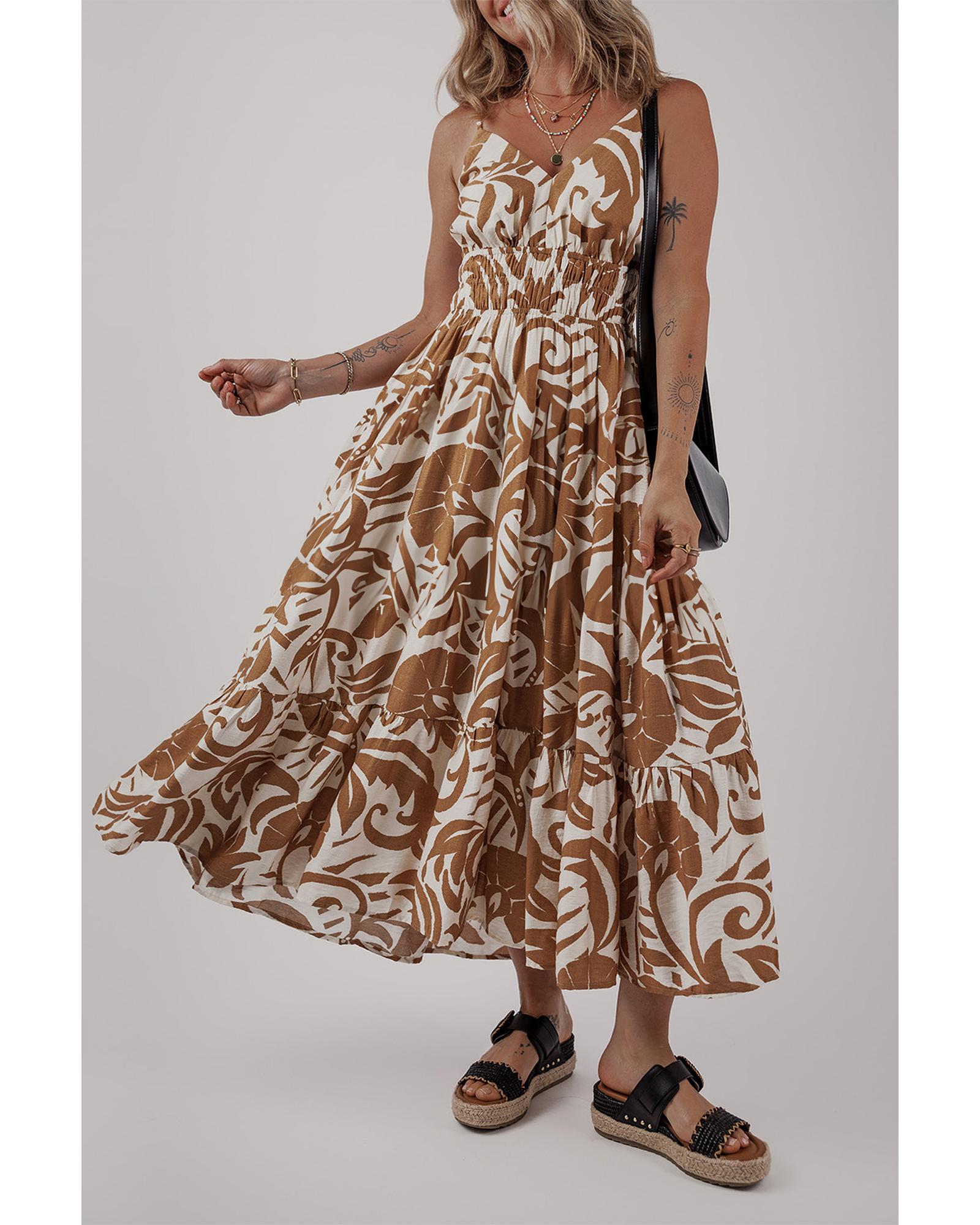 Khaki Floral Shirred High Waist Spaghetti Straps Maxi Dress - S