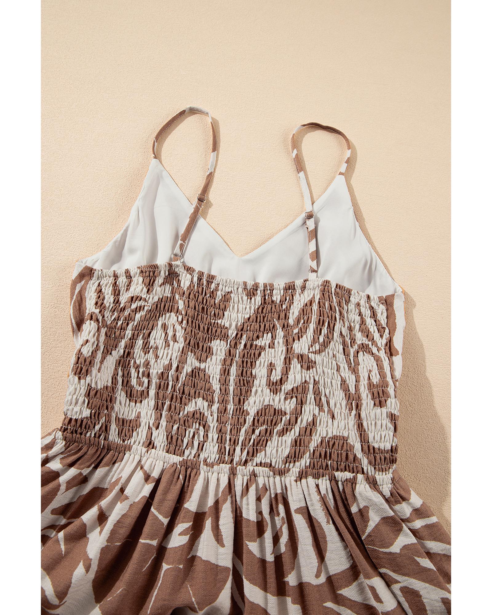 Khaki Floral Shirred High Waist Spaghetti Straps Maxi Dress - S