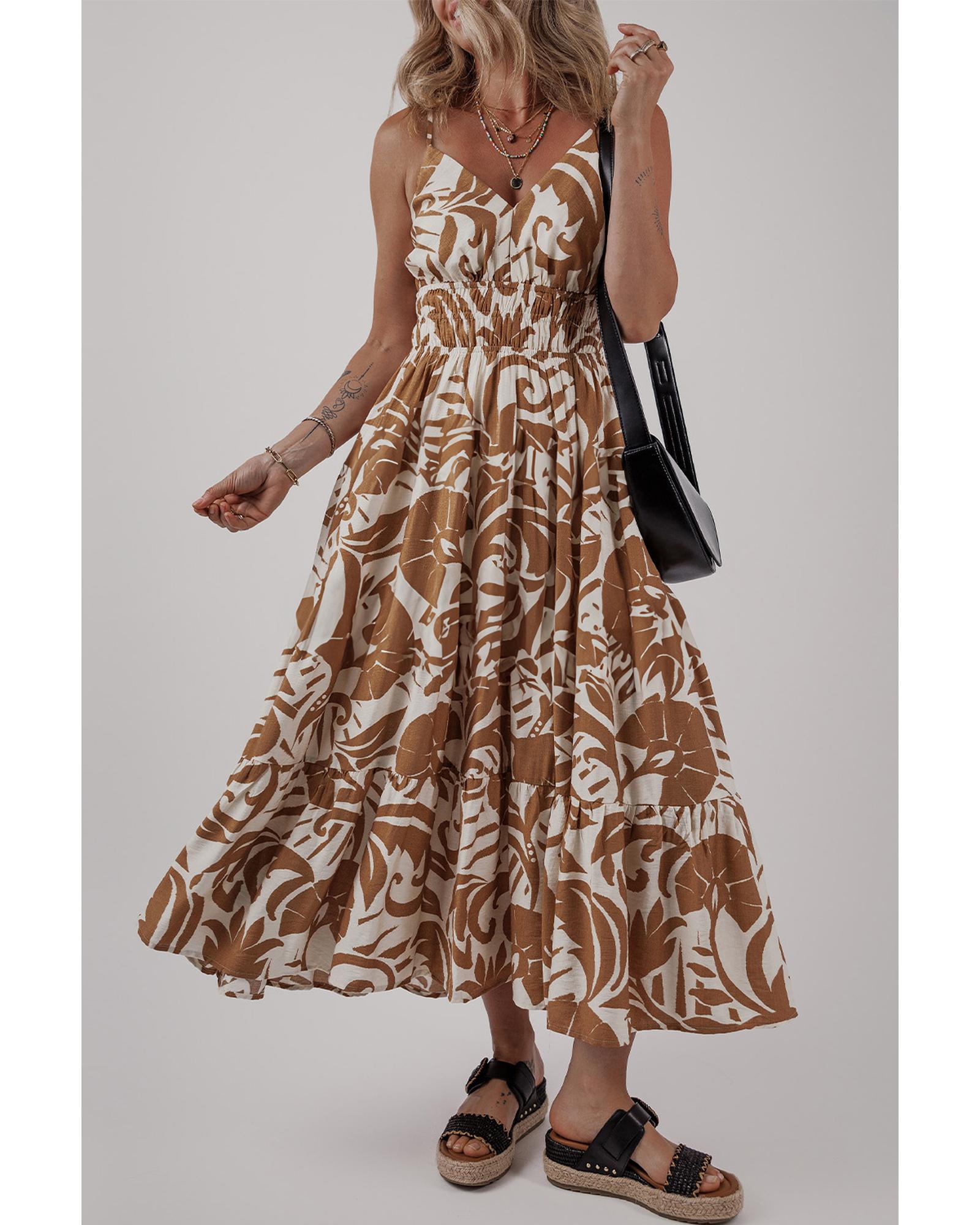 Khaki Floral Shirred High Waist Spaghetti Straps Maxi Dress - XL