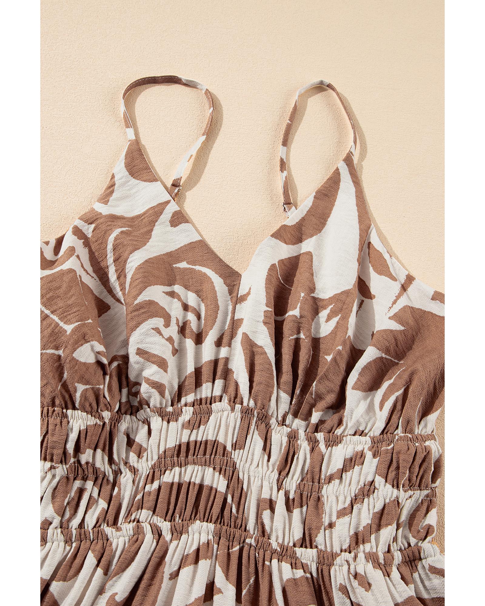 Khaki Floral Shirred High Waist Spaghetti Straps Maxi Dress - XL