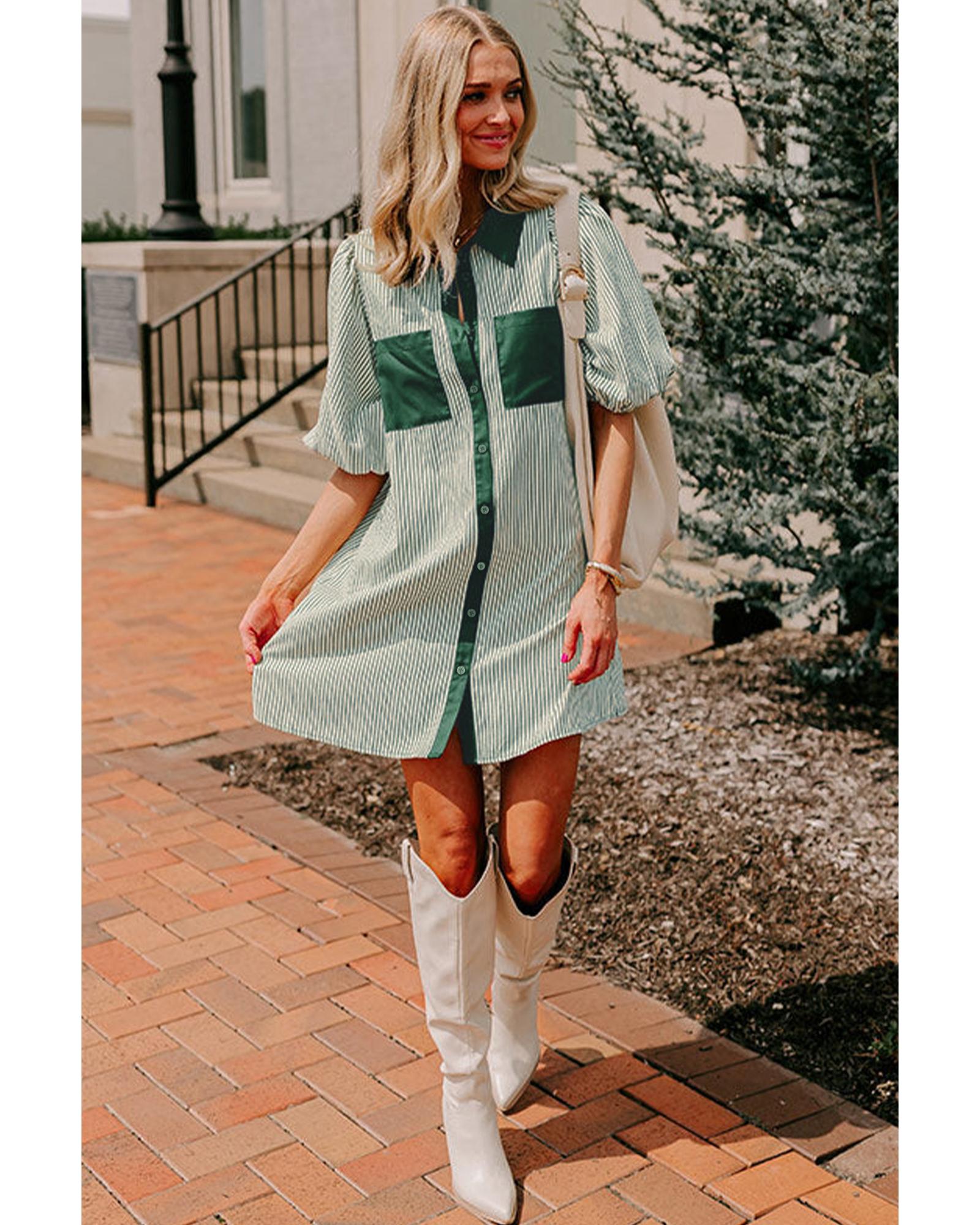 Green Patch Pockets Button Down Short Puff Sleeve Dress - L