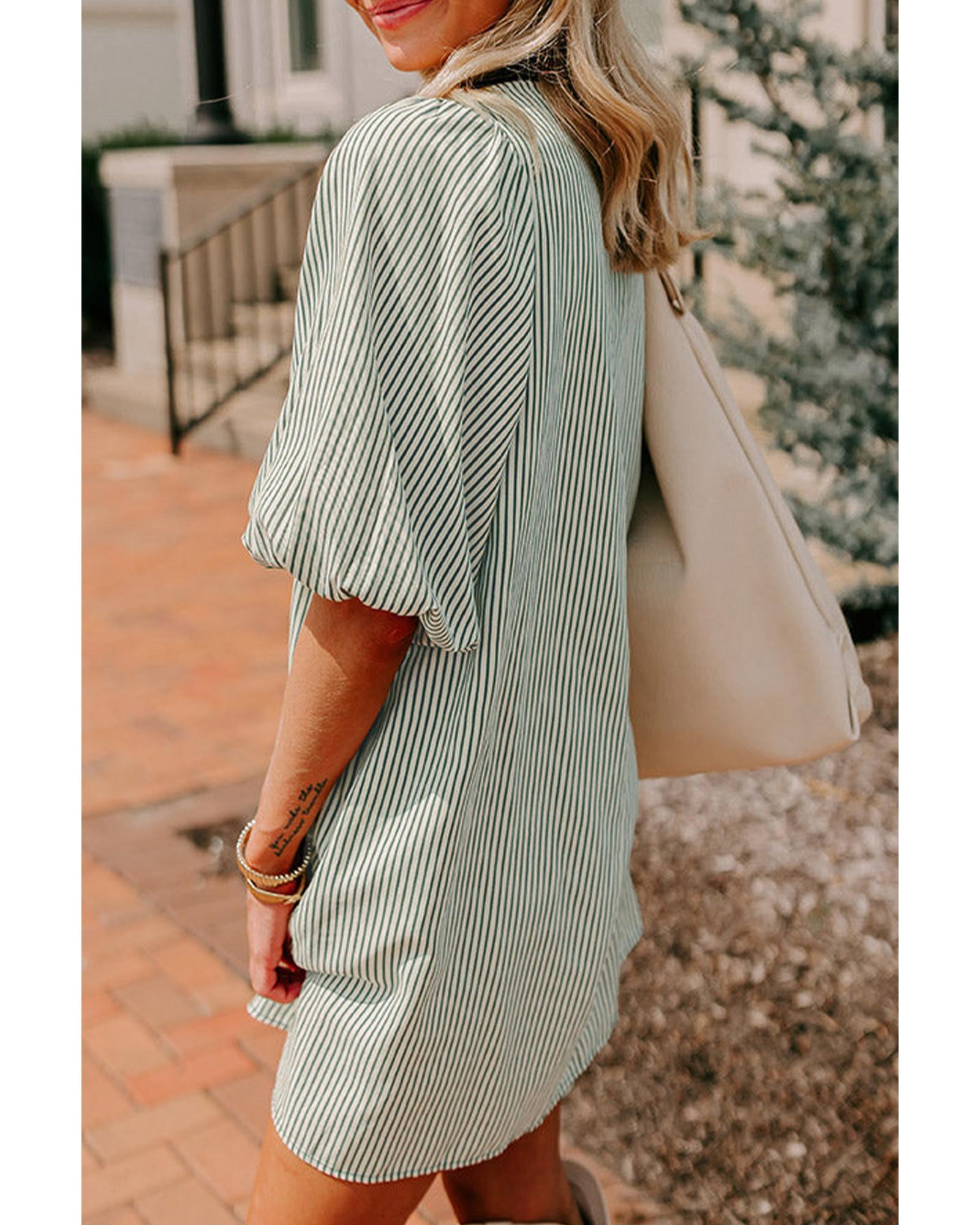 Green Patch Pockets Button Down Short Puff Sleeve Dress - S