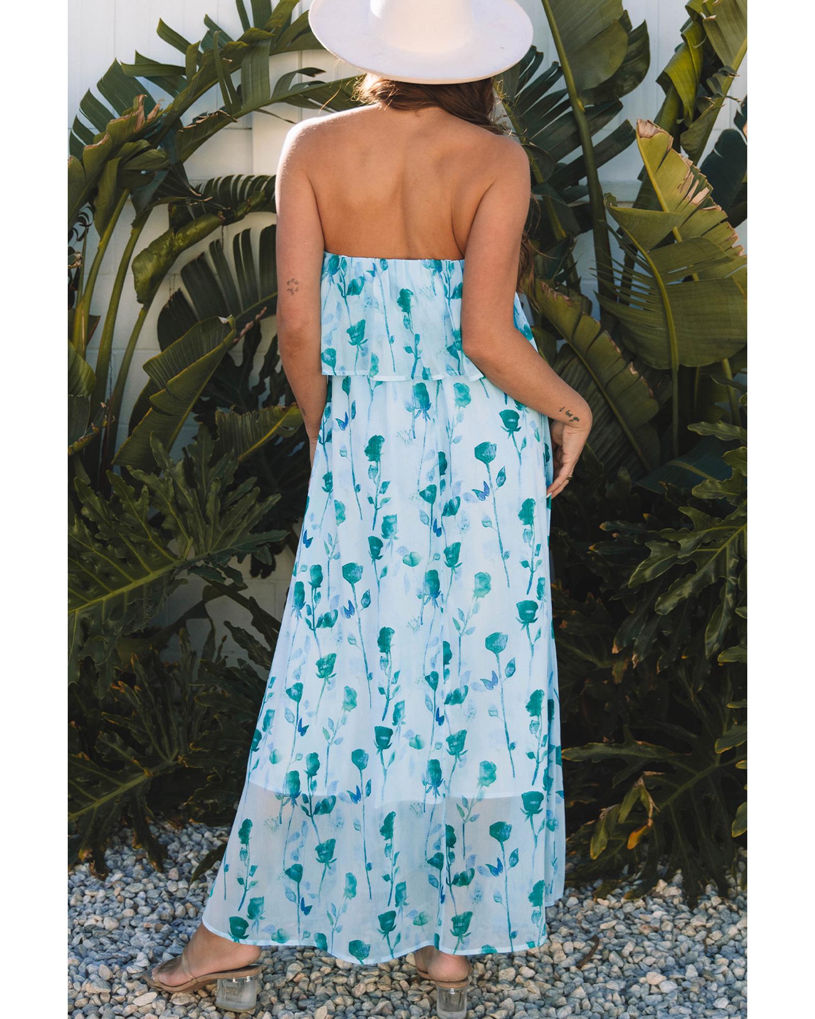 Green Floral Print Ruffled Side Slit Tube Top Maxi Dress - XL