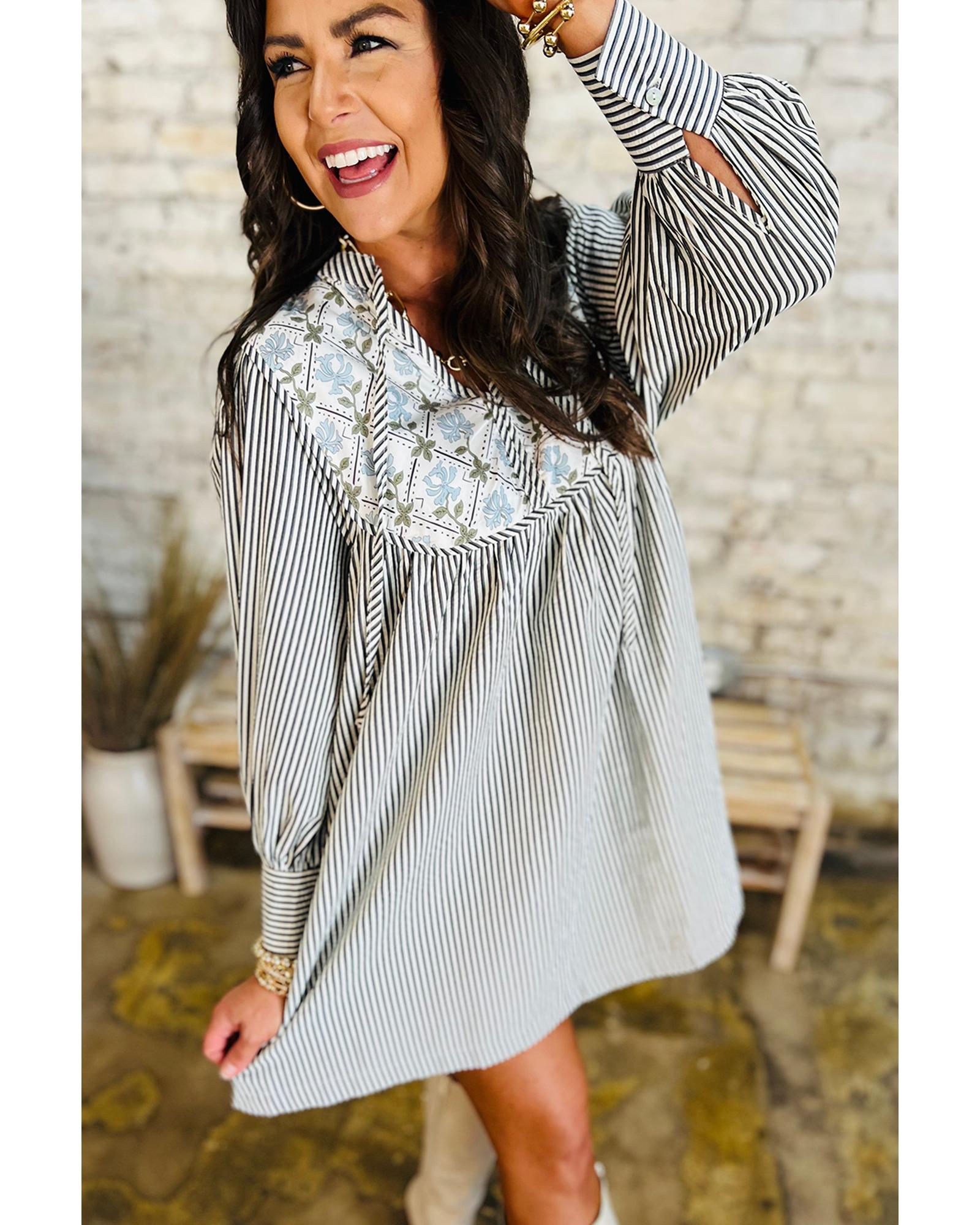 Black Stripe Floral Patchwork Tied V Neck Shift Long Sleeve Mini Dress - S