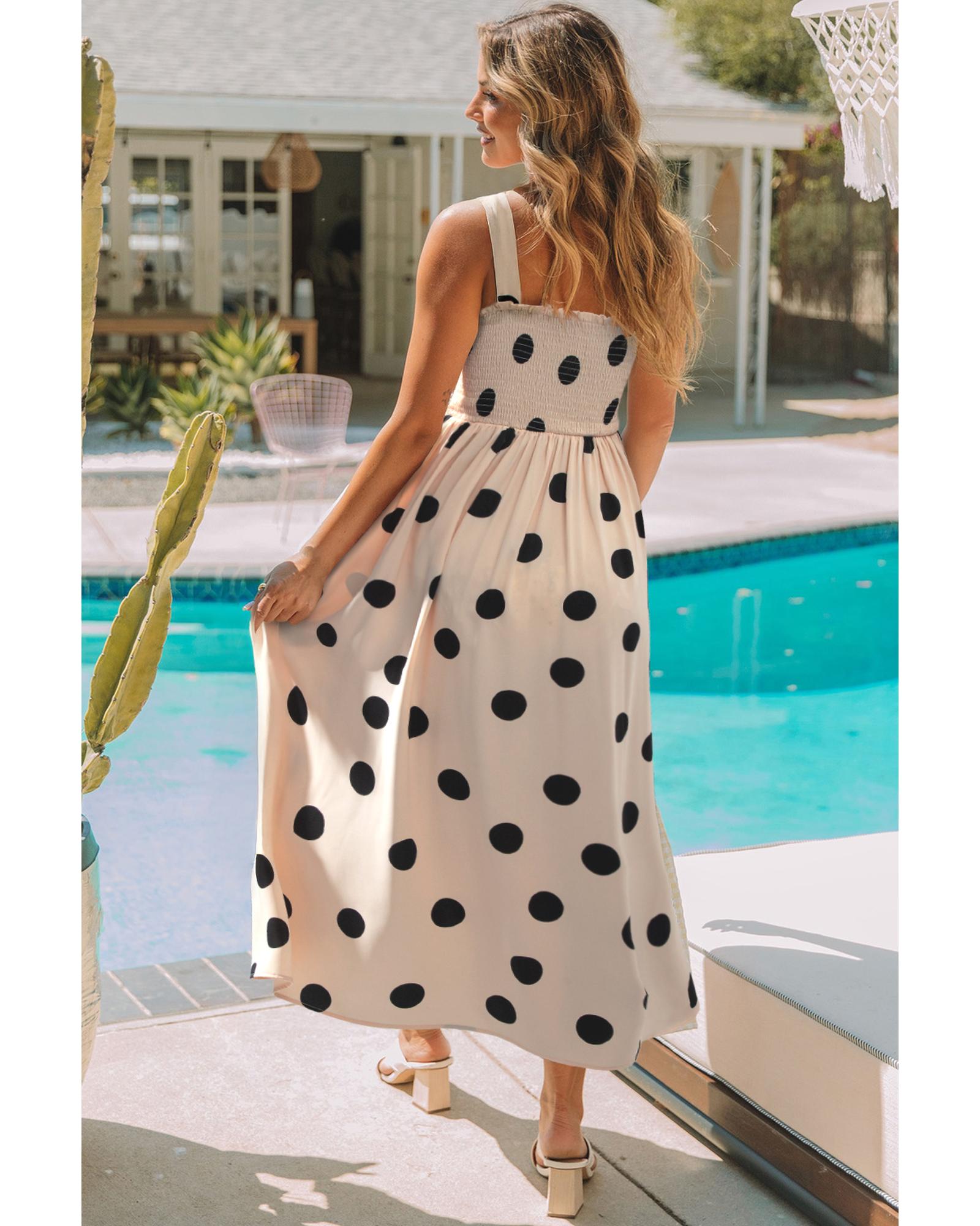 Oatmeal Polka Dot Smocked Fit Flared Sleeveless Long Dress - L
