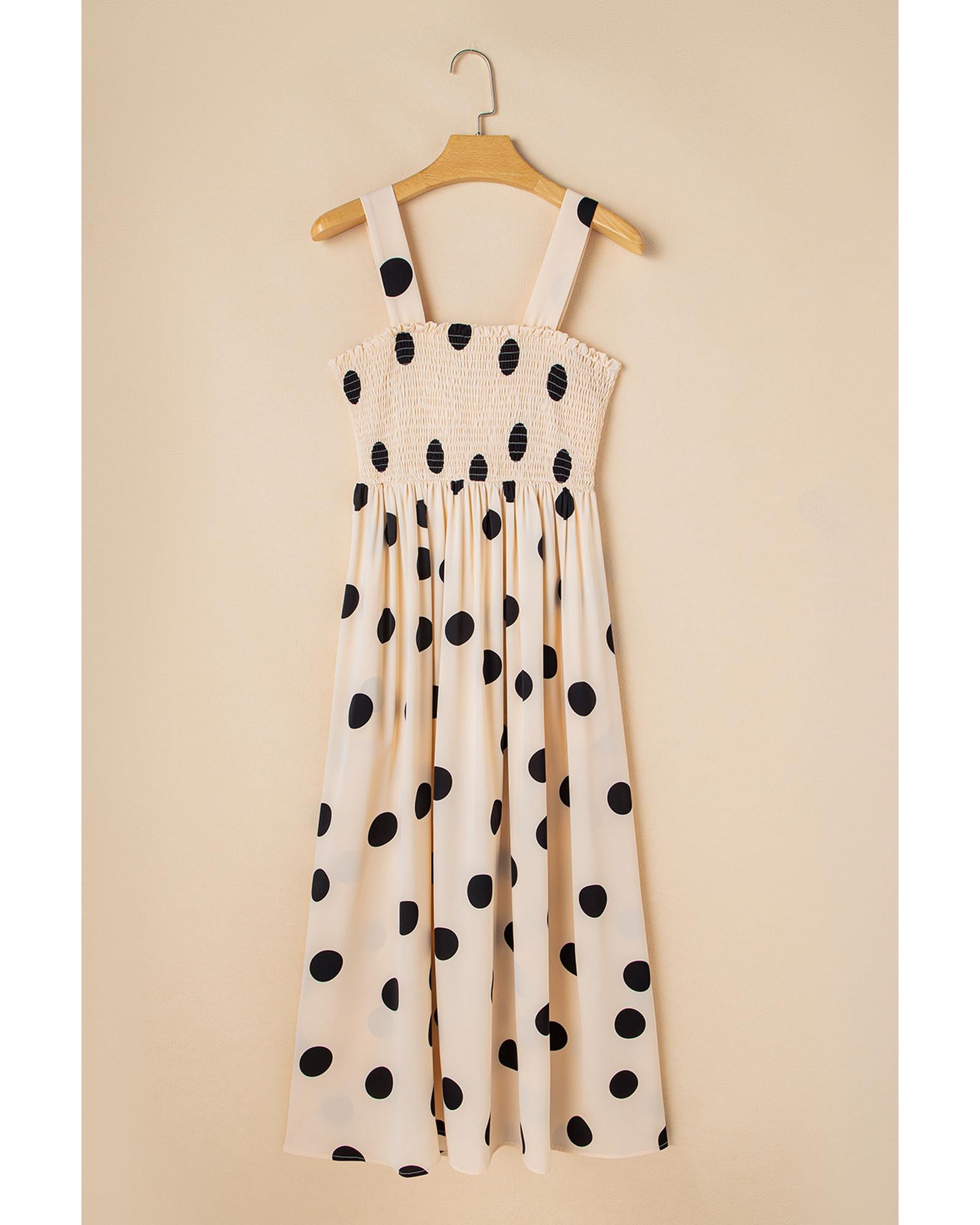 Oatmeal Polka Dot Smocked Fit Flared Sleeveless Long Dress - L