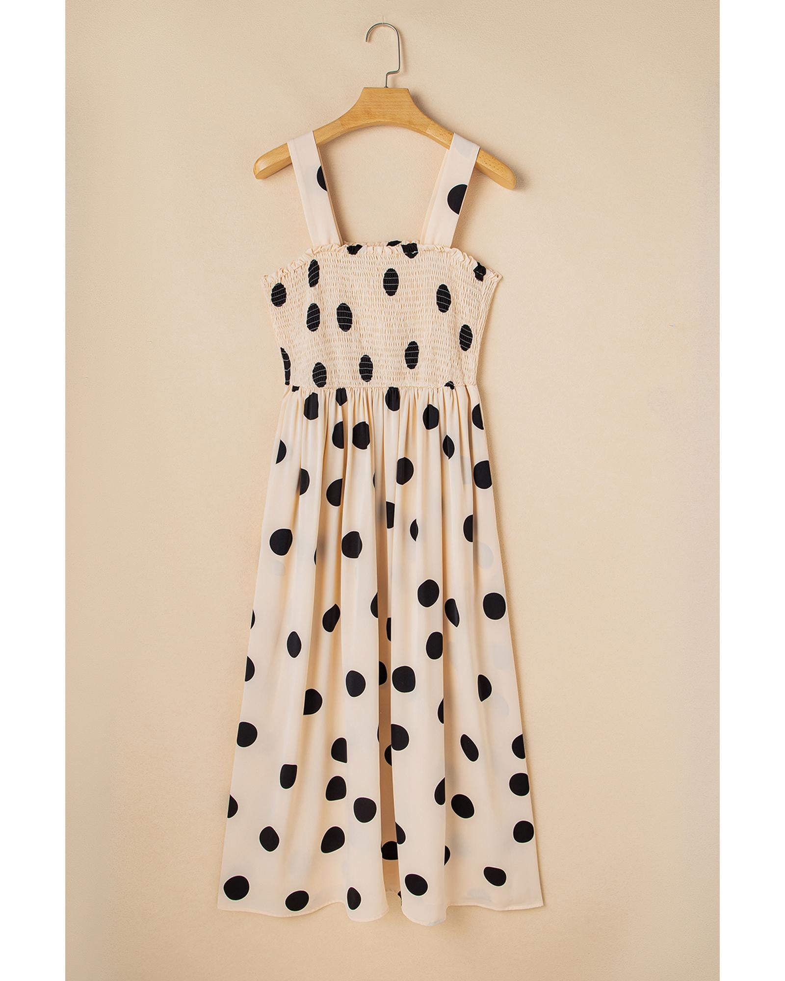 Oatmeal Polka Dot Smocked Fit Flared Sleeveless Long Dress - L