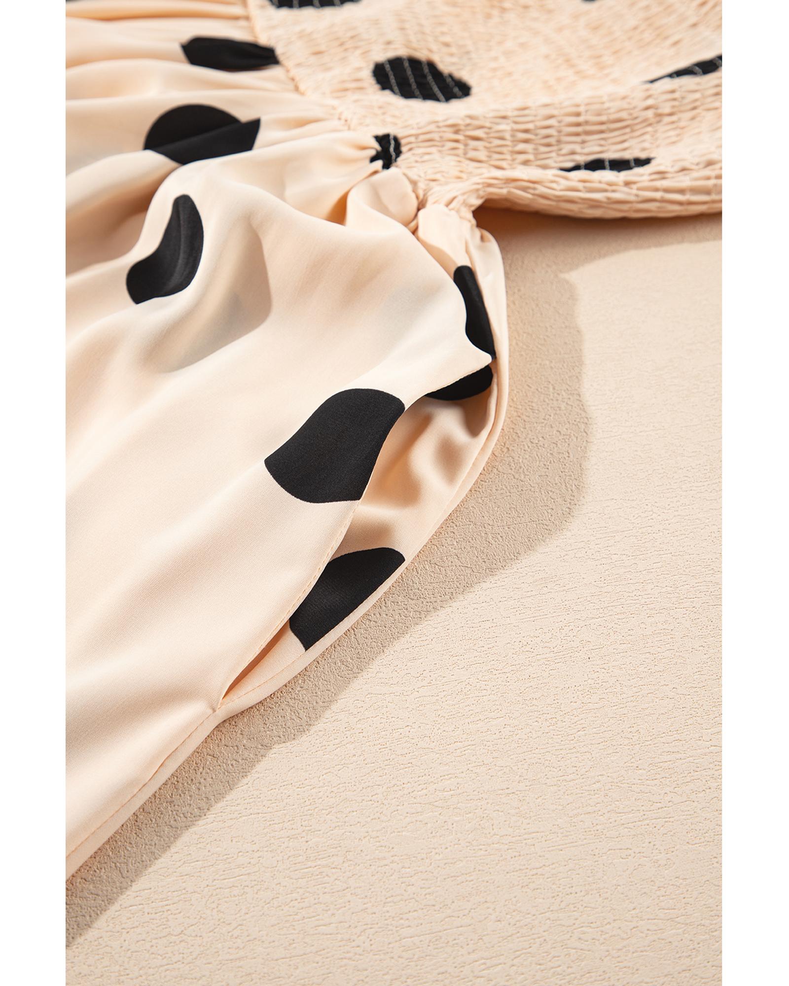 Oatmeal Polka Dot Smocked Fit Flared Sleeveless Long Dress - L