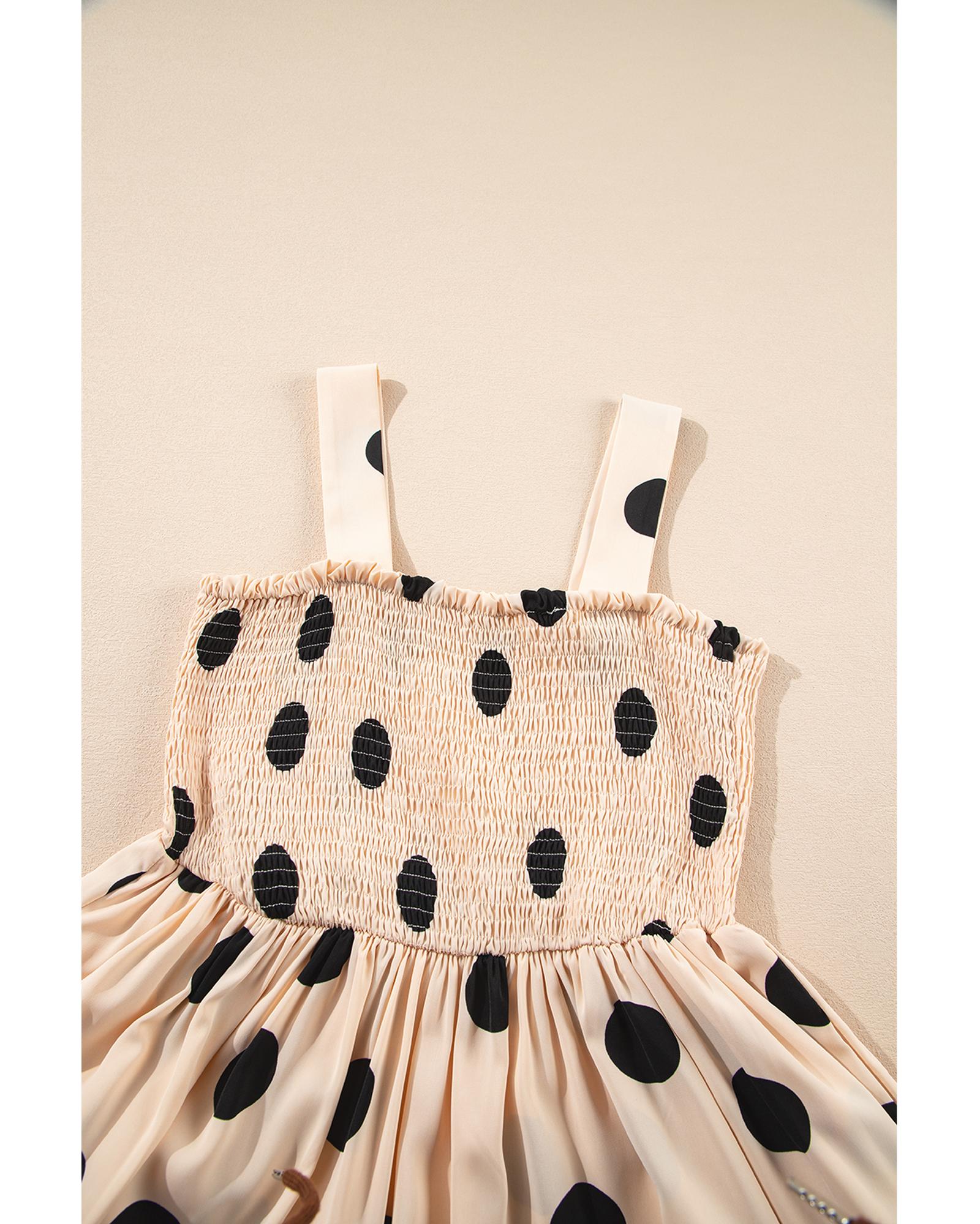 Oatmeal Polka Dot Smocked Fit Flared Sleeveless Long Dress - L