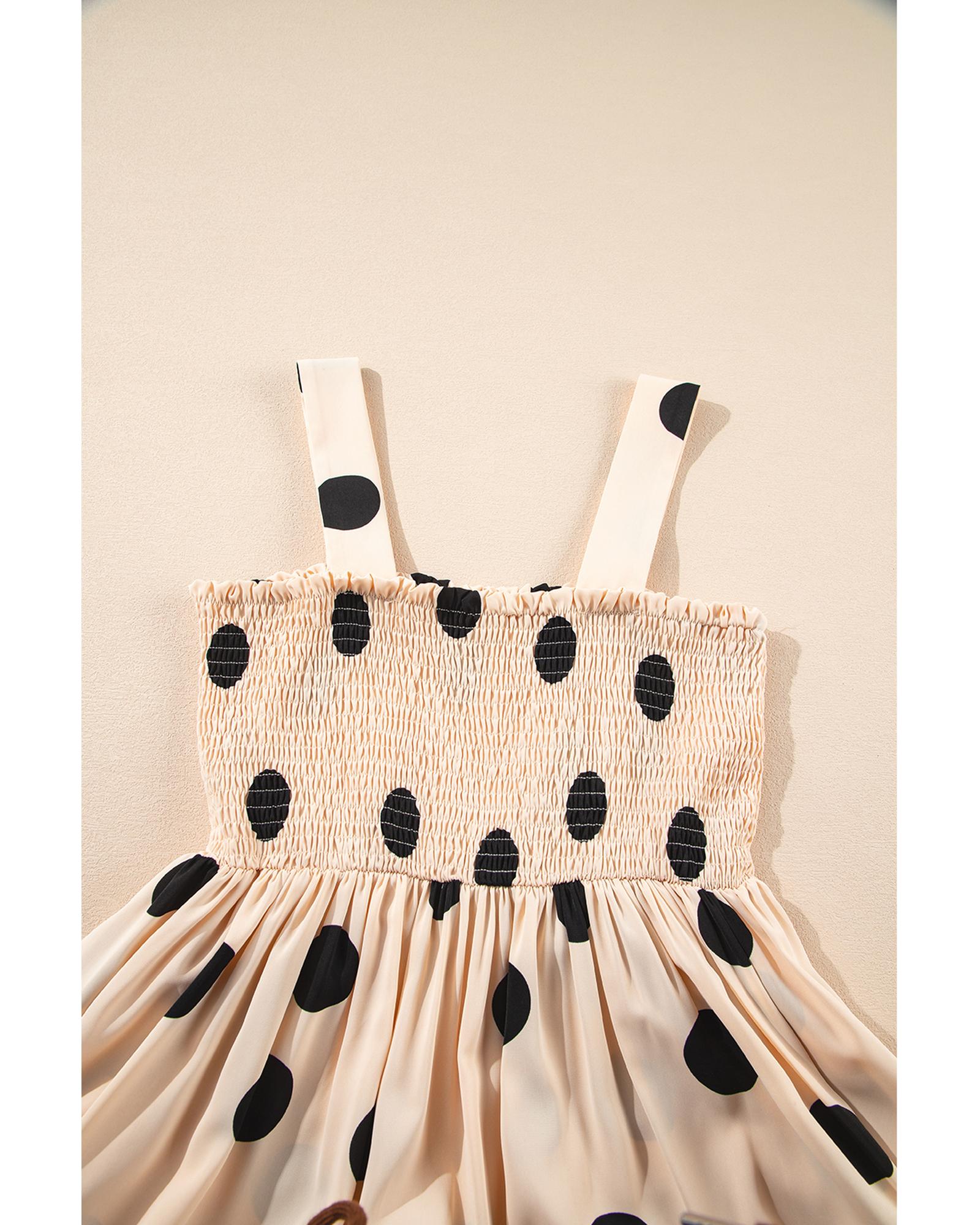Oatmeal Polka Dot Smocked Fit Flared Sleeveless Long Dress - L