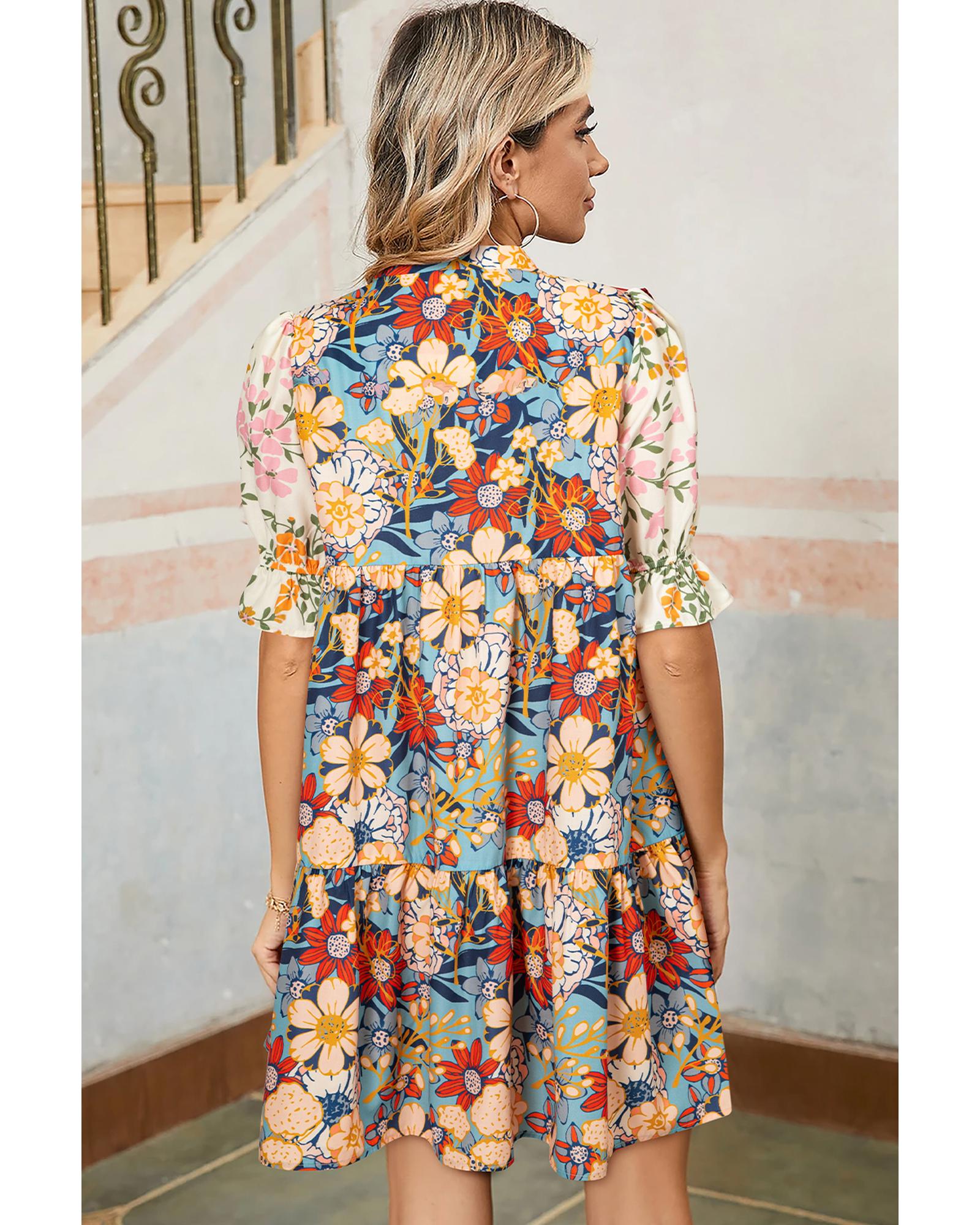 Multicolour Boho Floral Print Crochet Patchwork V Neck Loose Mini Dress - S