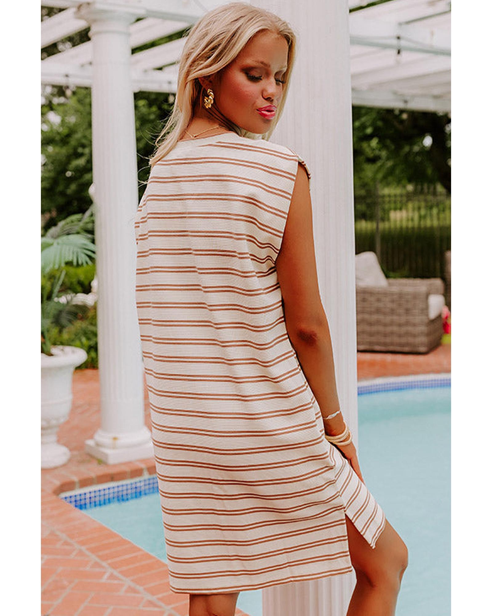 Khaki Stripe Round Neck Sleeveless Casual Pocketed Mini Dress - M
