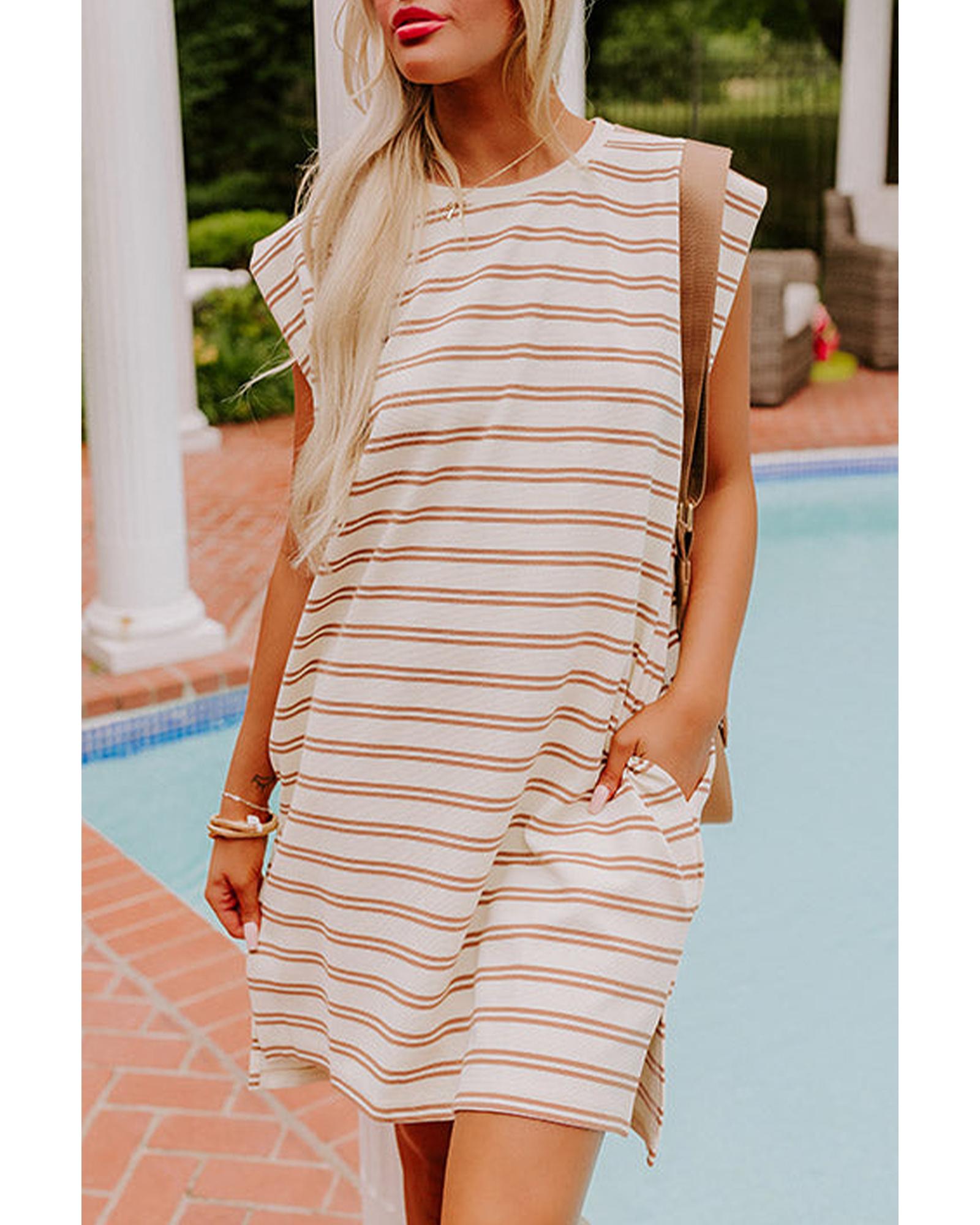 Khaki Stripe Round Neck Sleeveless Casual Pocketed Mini Dress - XL