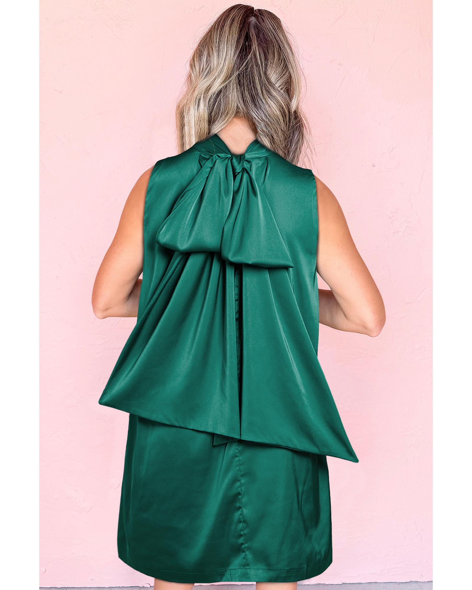 Evergreen Bow Tie Satin Shift Sleeveless Mini Dress - L