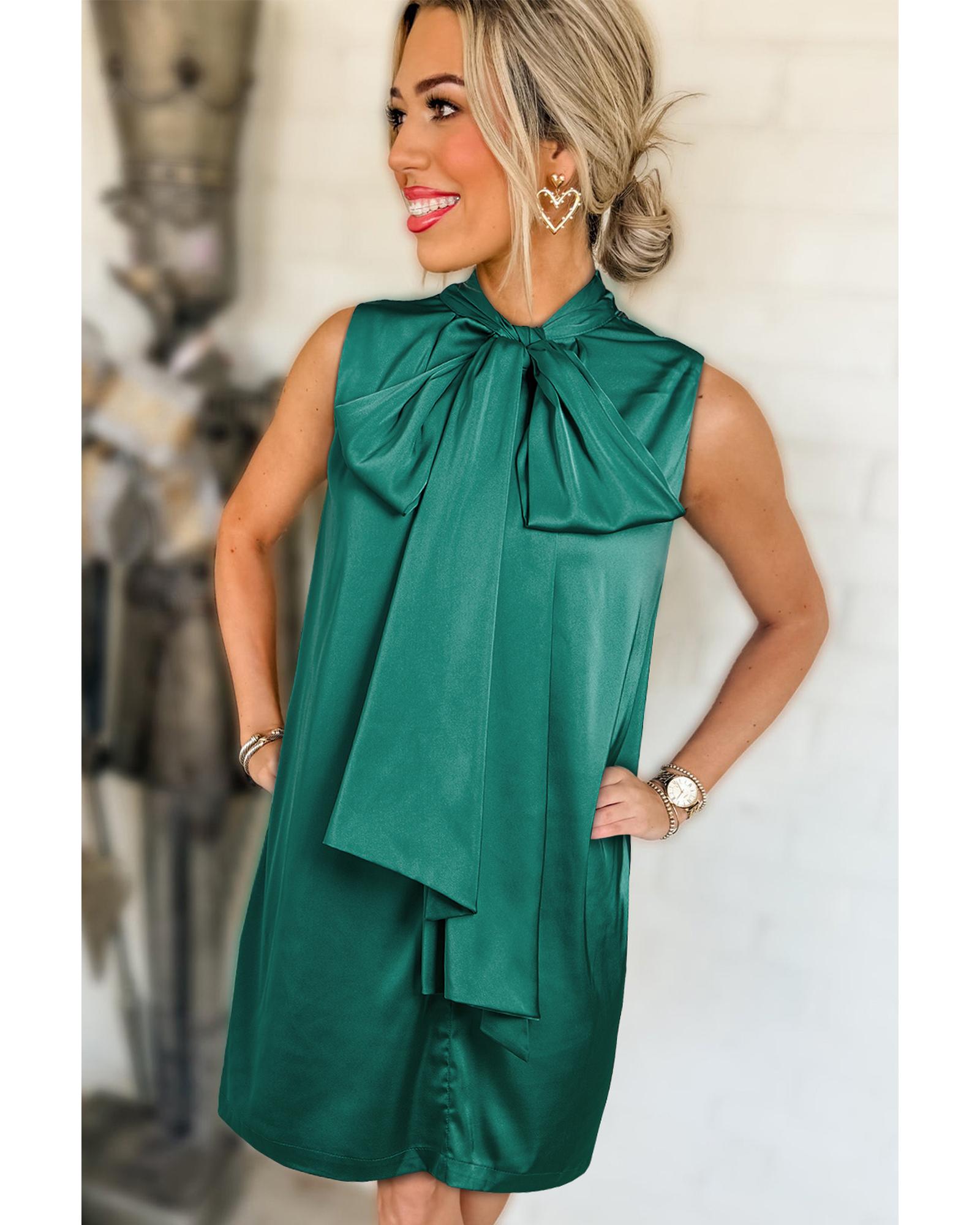 Evergreen Bow Tie Satin Shift Sleeveless Mini Dress - L