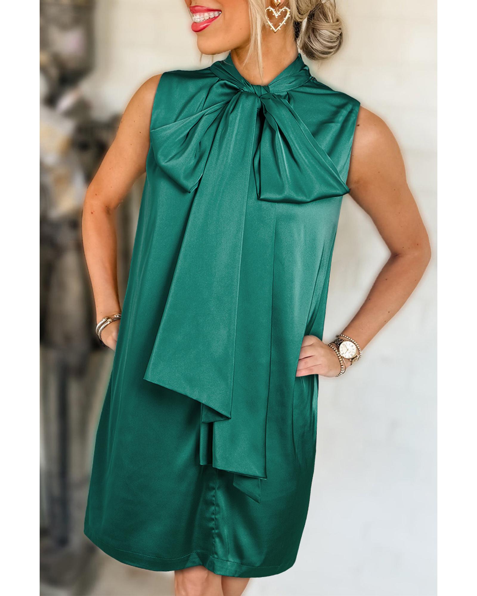 Evergreen Bow Tie Satin Shift Sleeveless Mini Dress - XL