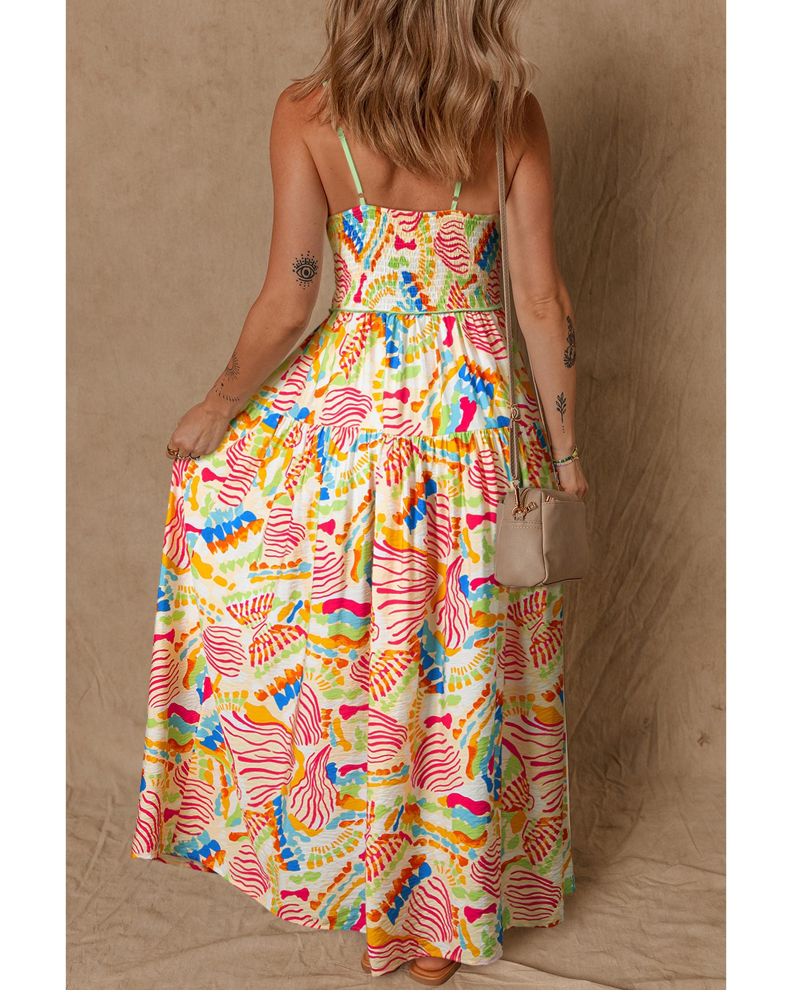 Orange Abstract Print Spaghetti Strap Piping Detail Maxi Dres - M